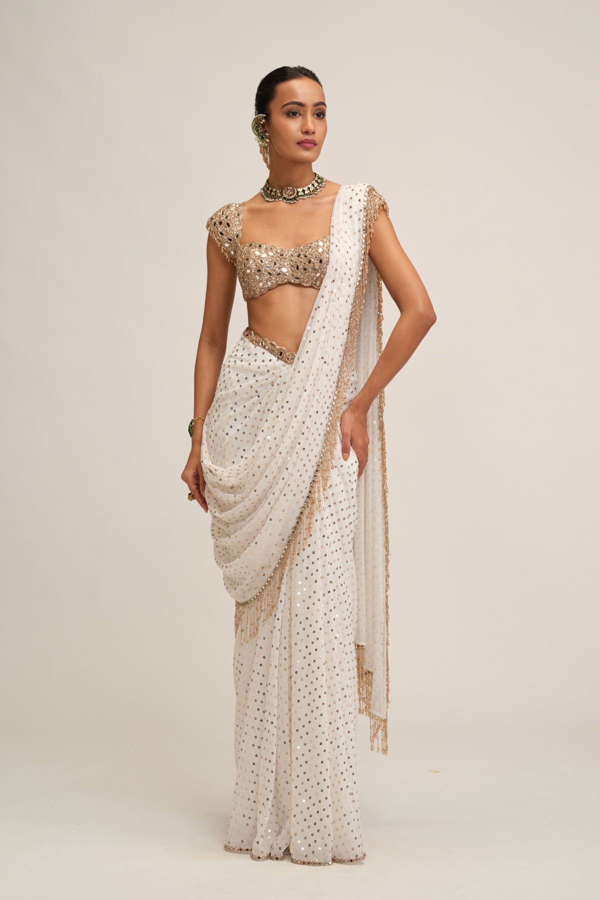 Off White Draped Saree Set