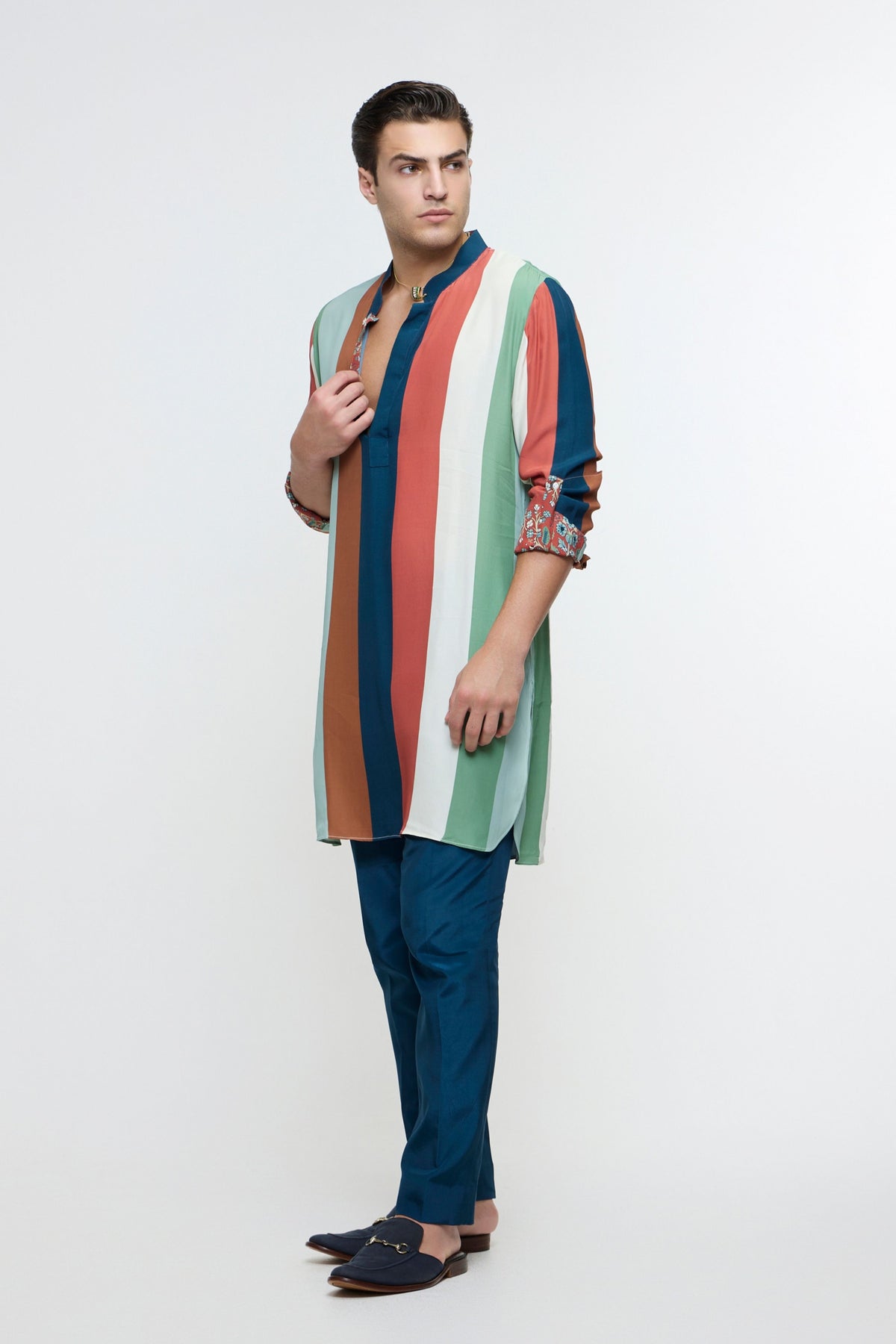 Zayan Multicolour Stripe Rolled Up Kurta