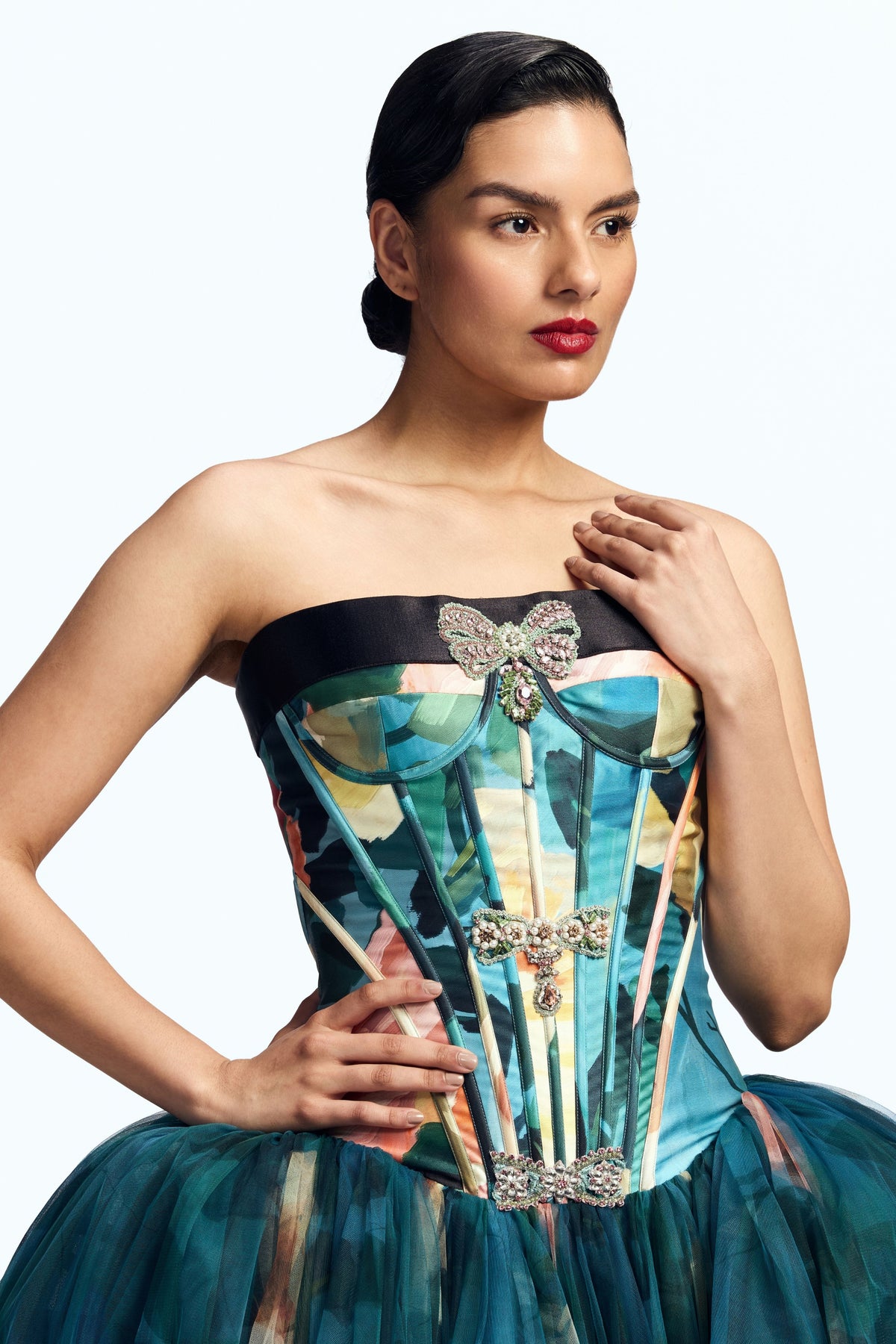 Corseted Dress With Crystal Bow