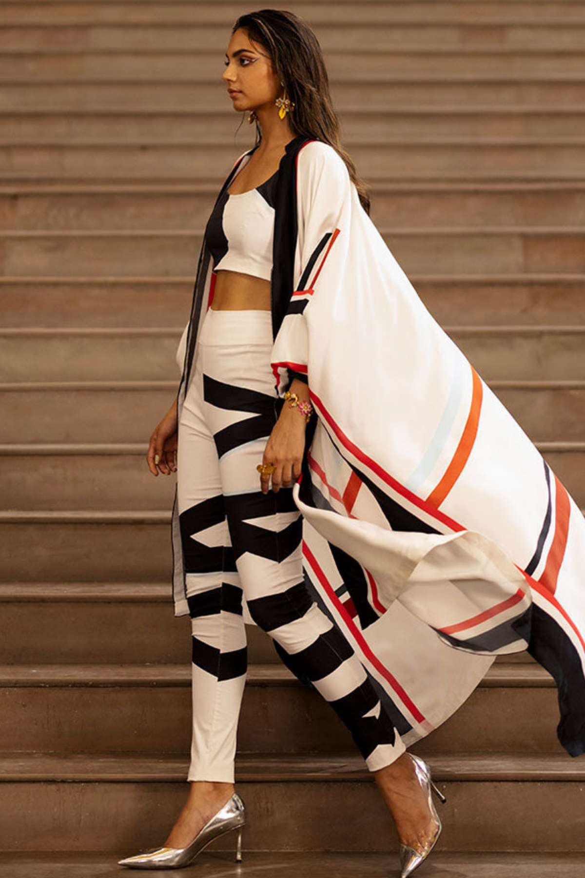 Striper Cape With Crop Top And Pants