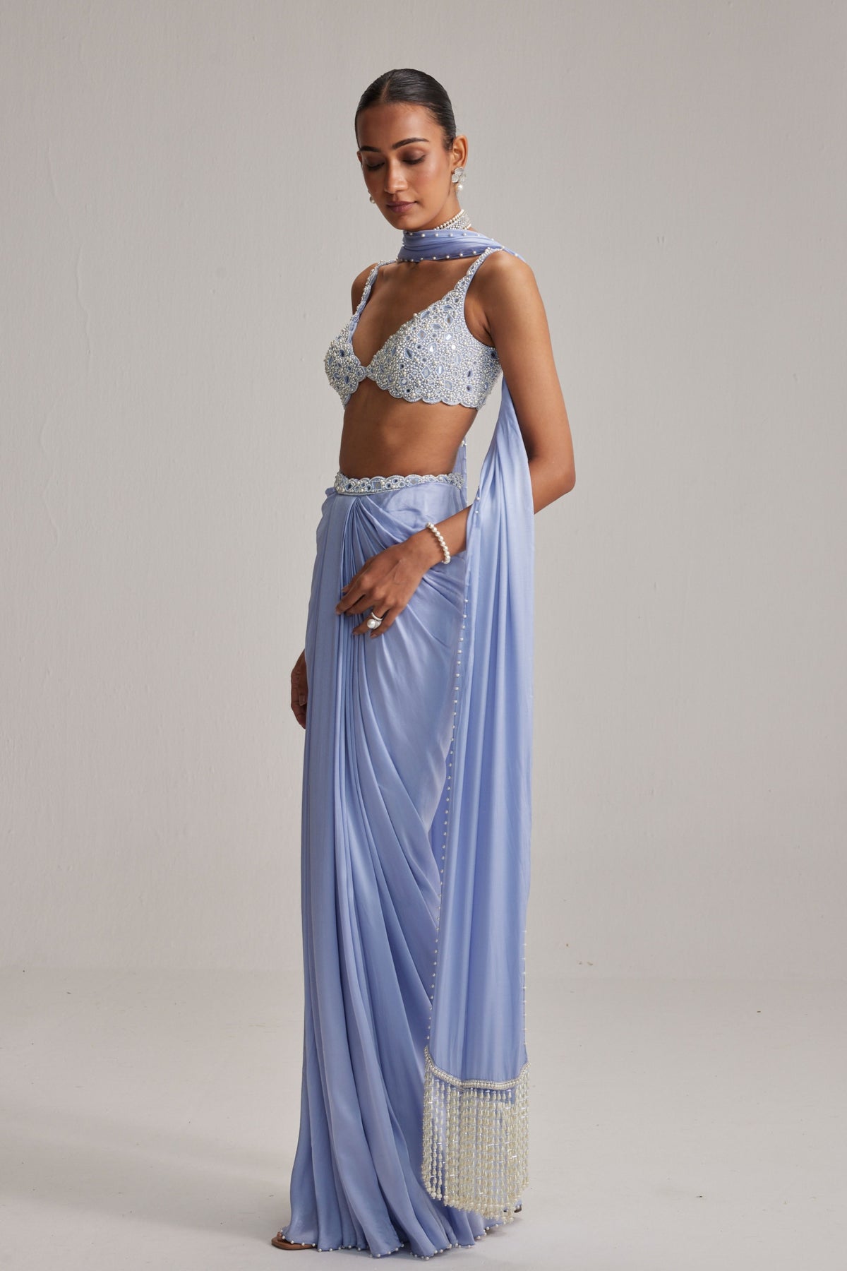 Dew Blue Satin Draped Skirt Set