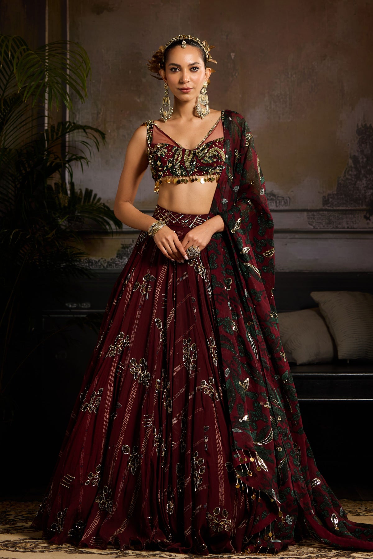 Wine Leaf Butta Print Lehenga Set