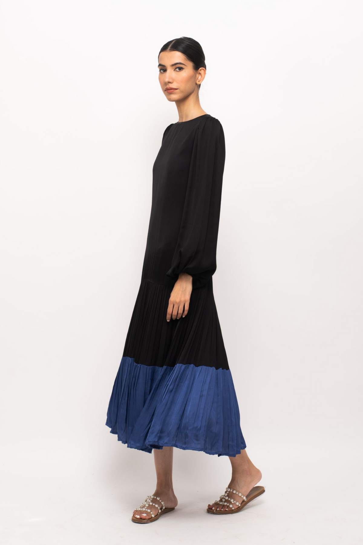 Black and Blue Gather Maxi Dress