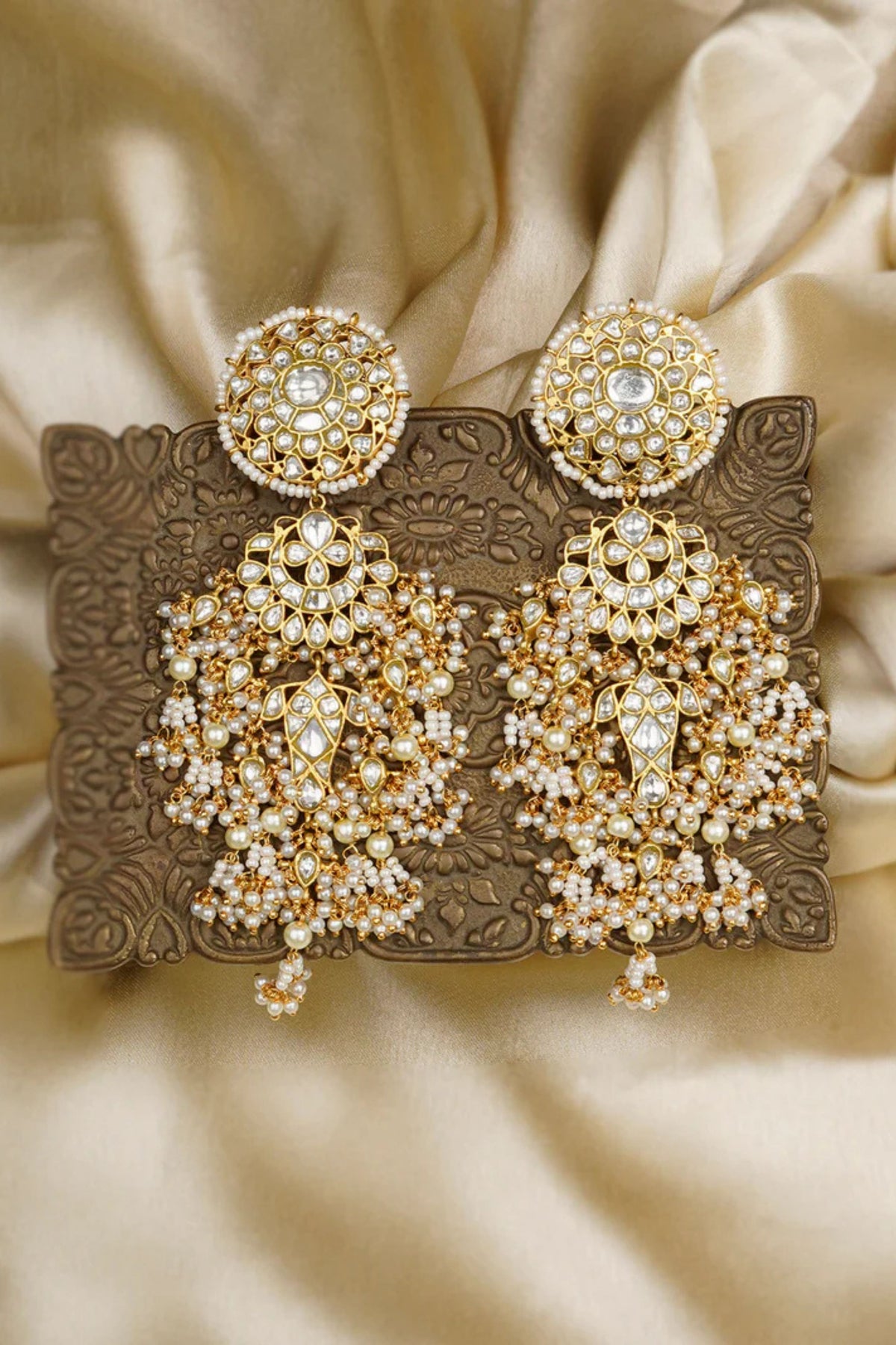 White Gold Plated Jadau Kundan Earrings