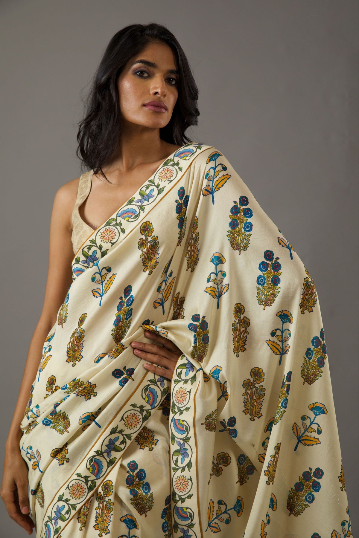 Digital Print Ivory Chanderi Saree