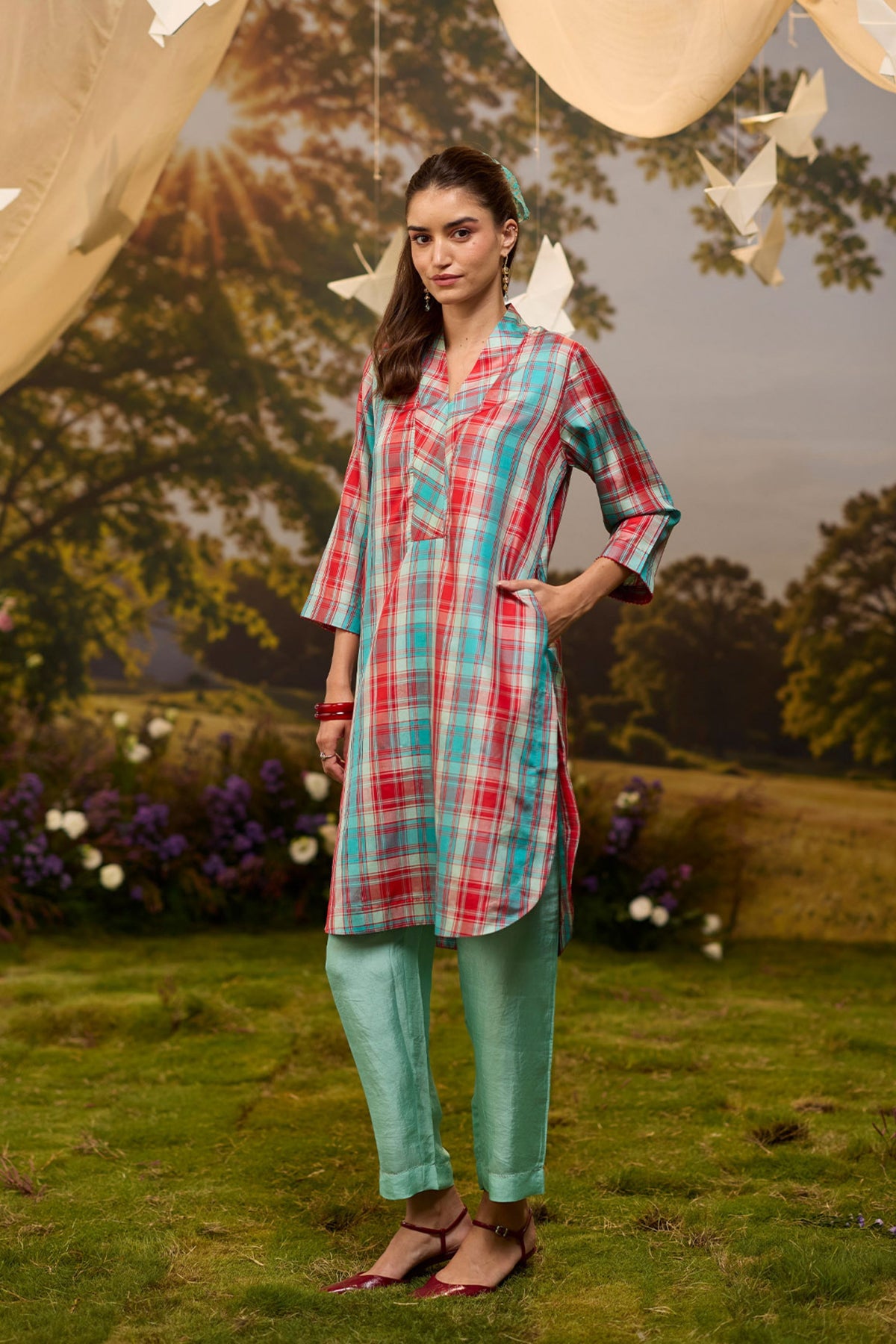 Berry n Sky Checkered Kurta Set