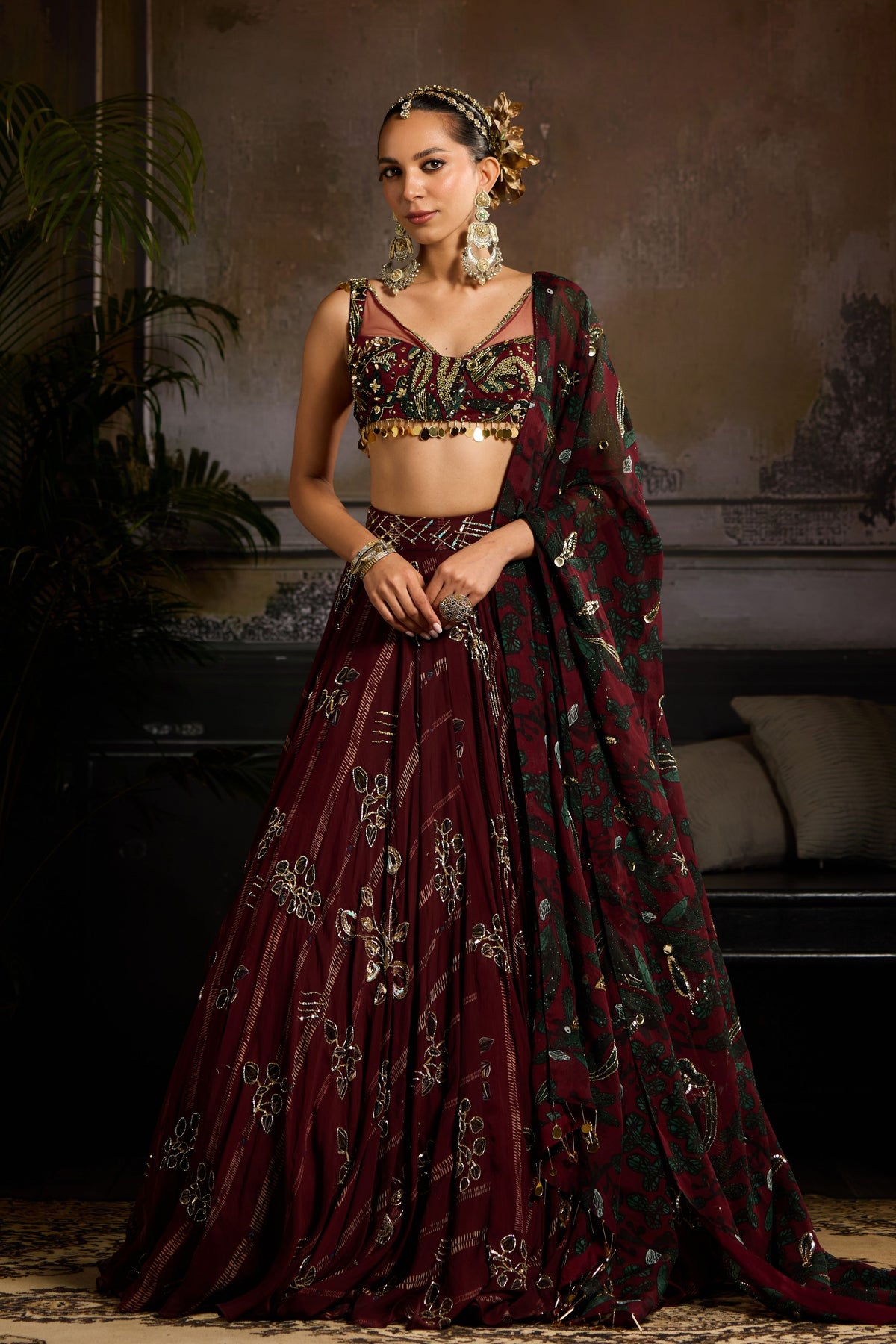 Wine Leaf Butta Print Lehenga Set