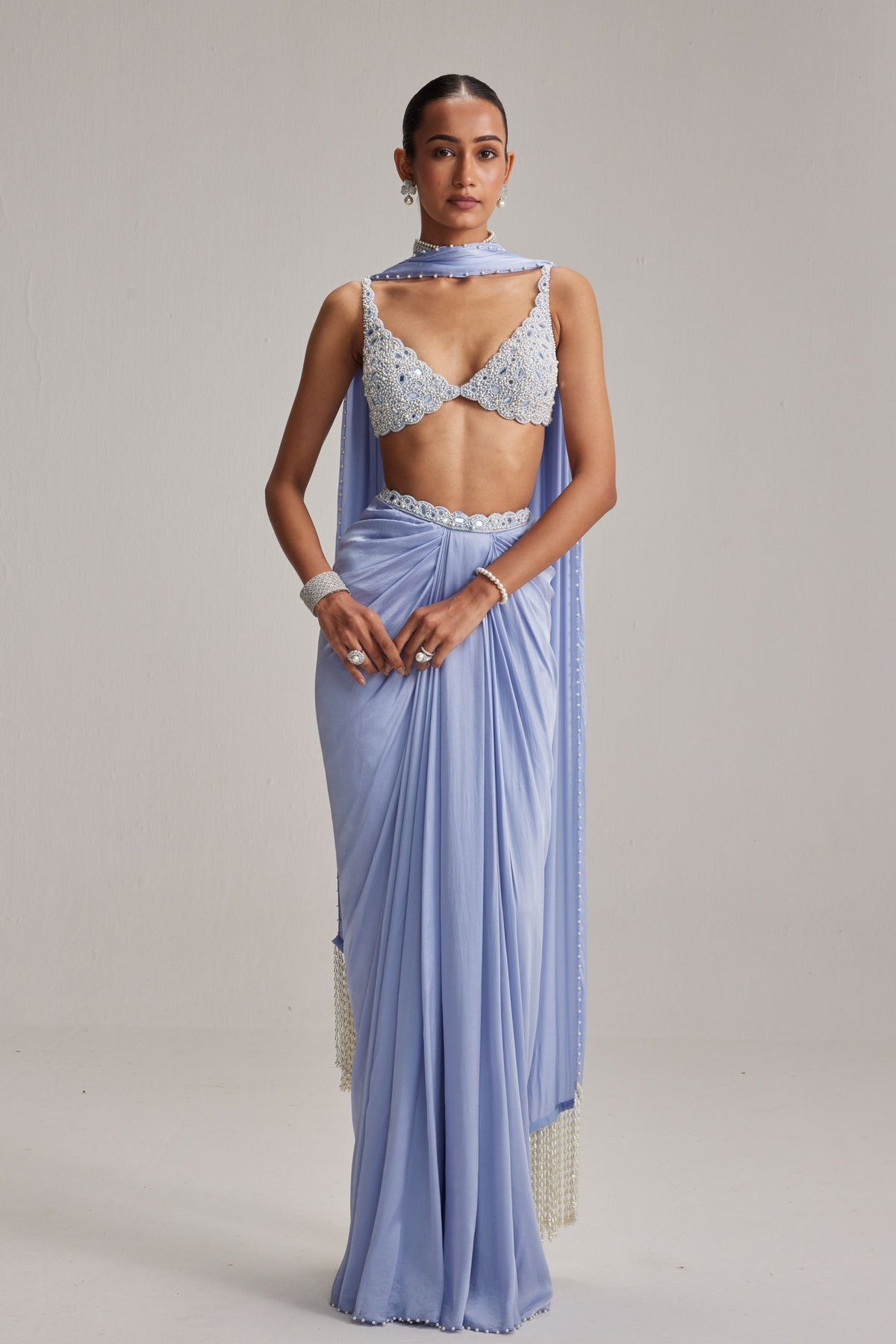 Dew Blue Satin Draped Skirt Set