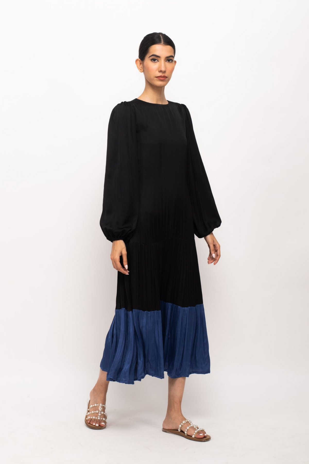 Black and Blue Gather Maxi Dress