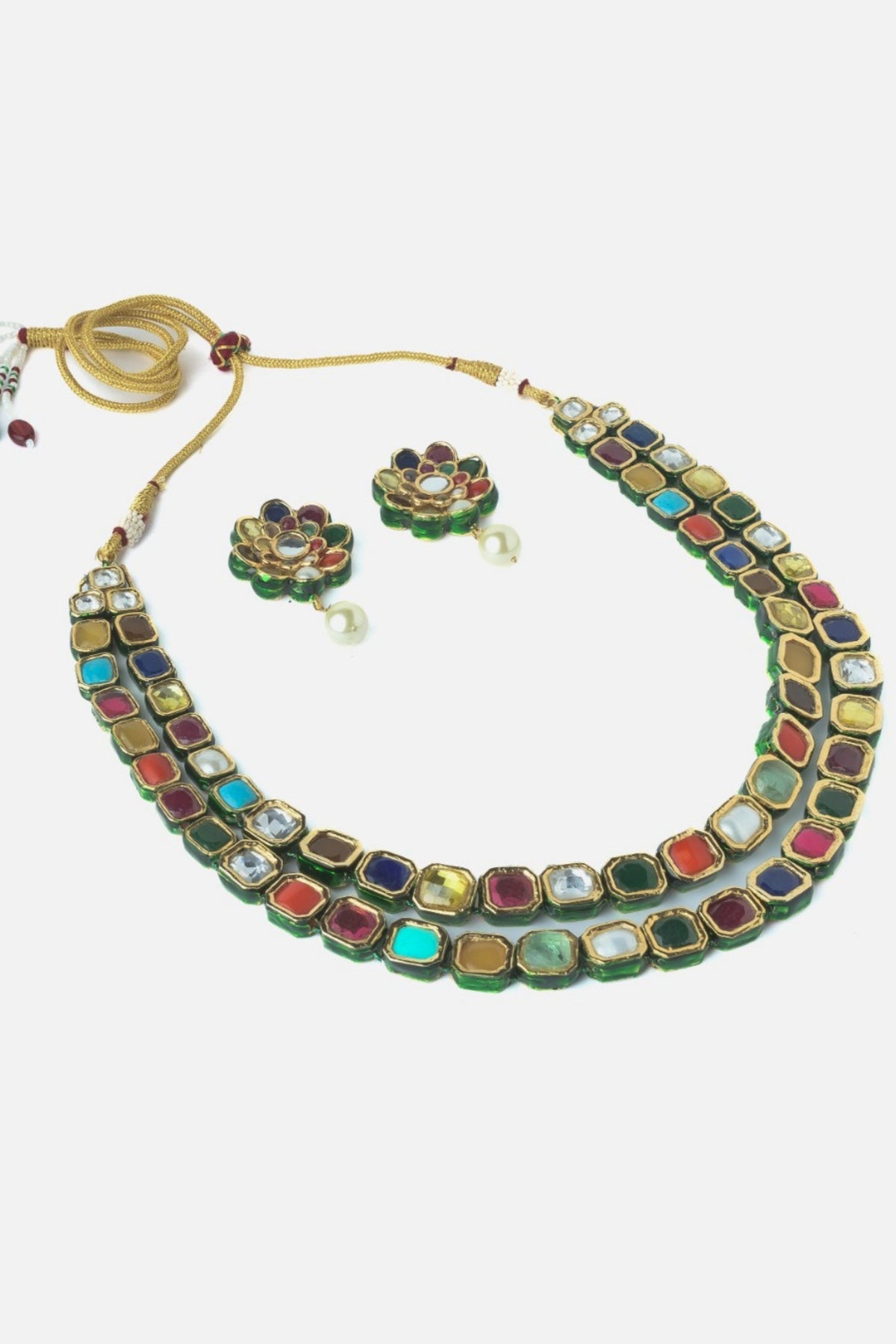 Gold Plated Multicolored Stones Short Necklace Set