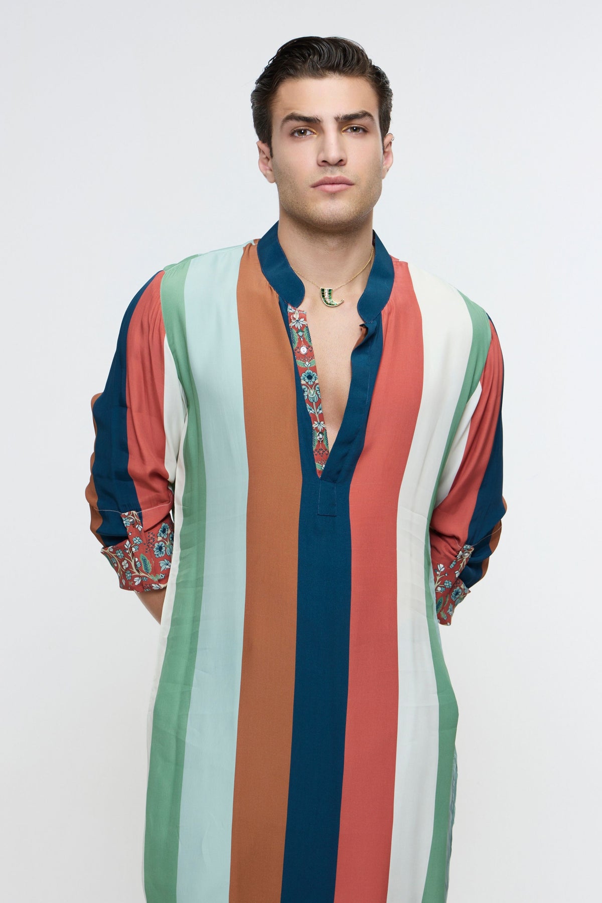Zayan Multicolour Stripe Rolled Up Kurta