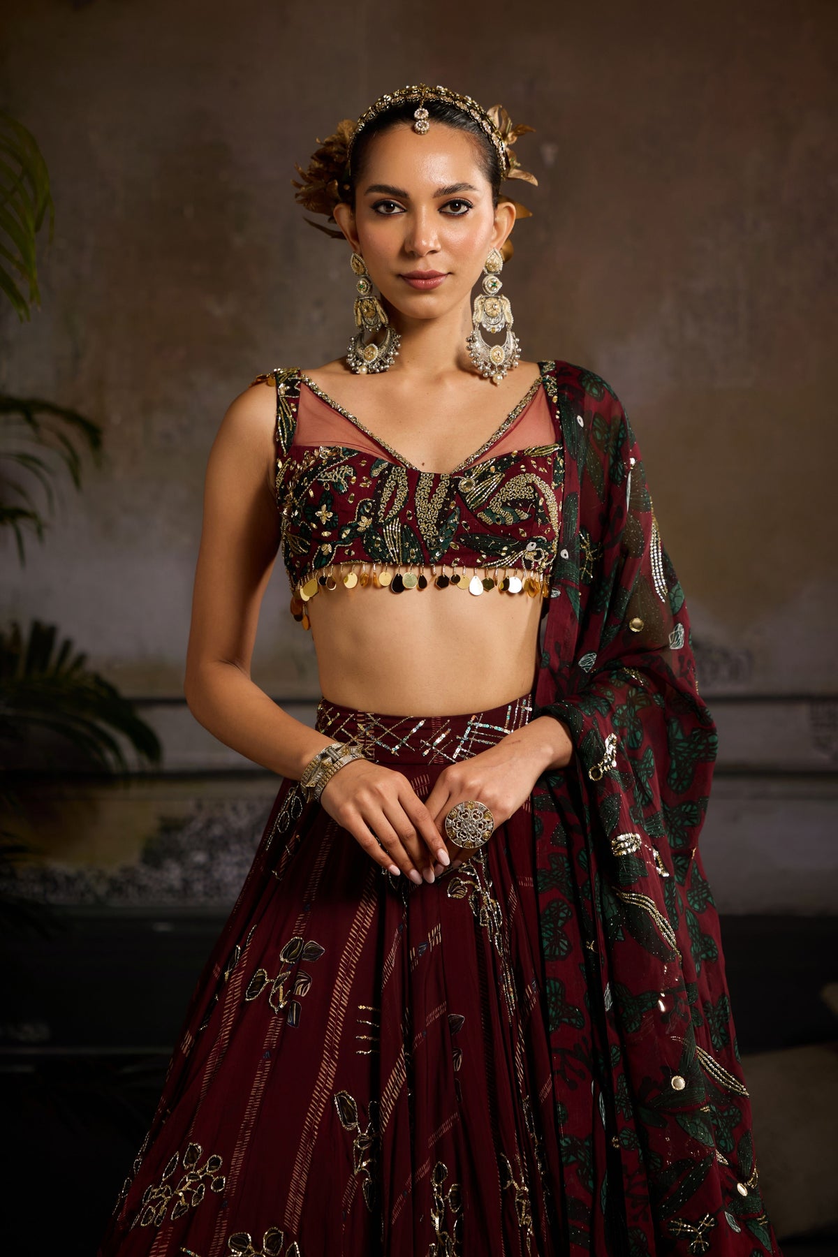 Wine Leaf Butta Print Lehenga Set