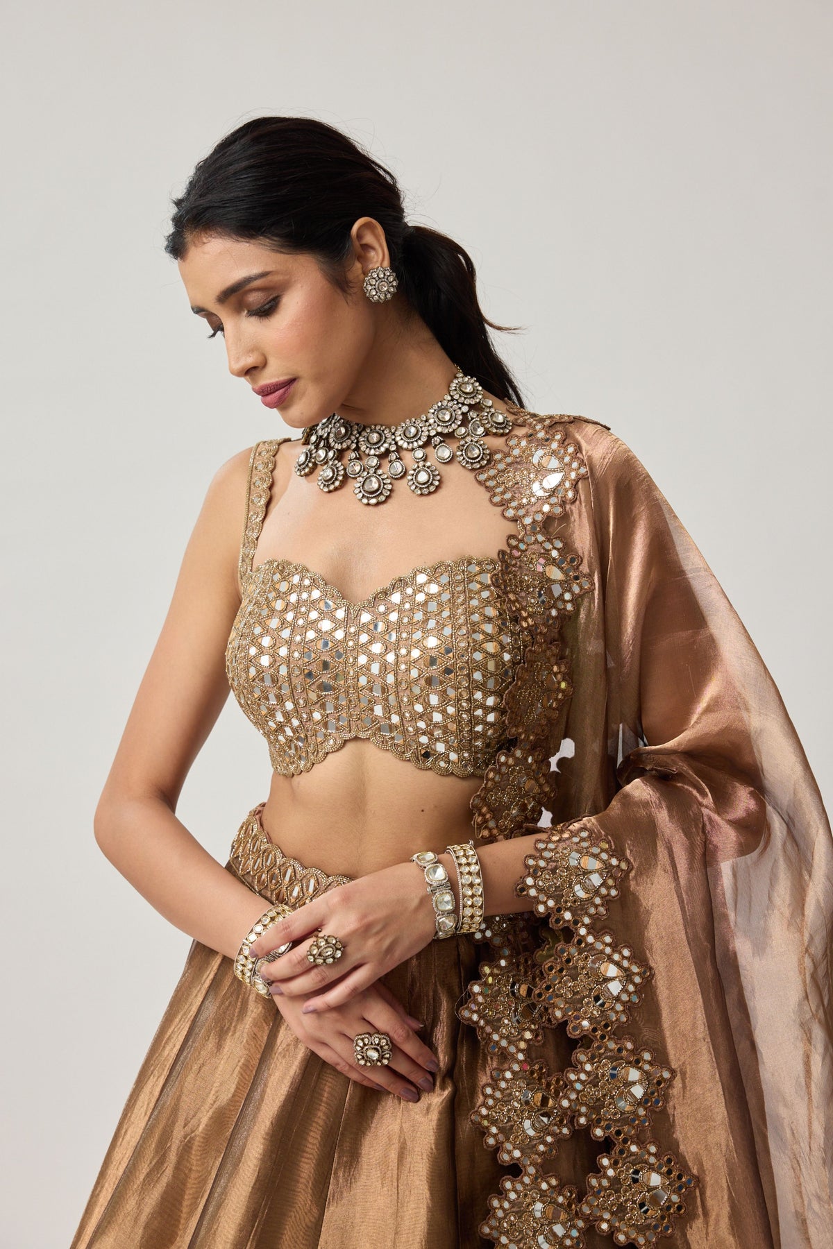 Copper Tissue Mirror Lehenga Set