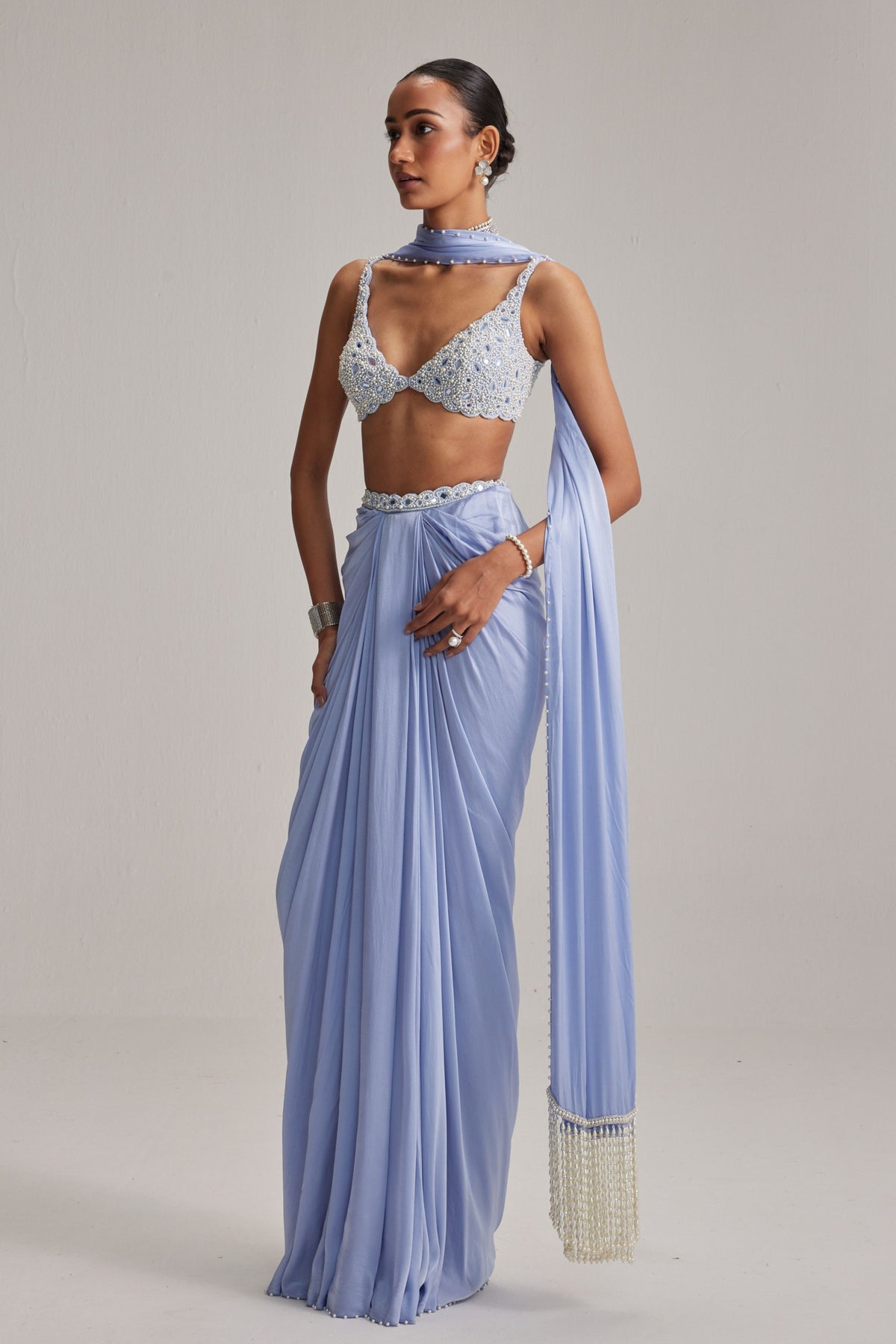 Dew Blue Satin Draped Skirt Set