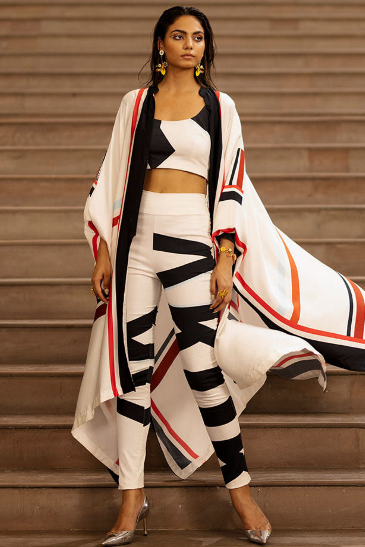 Striper Cape With Crop Top And Pants