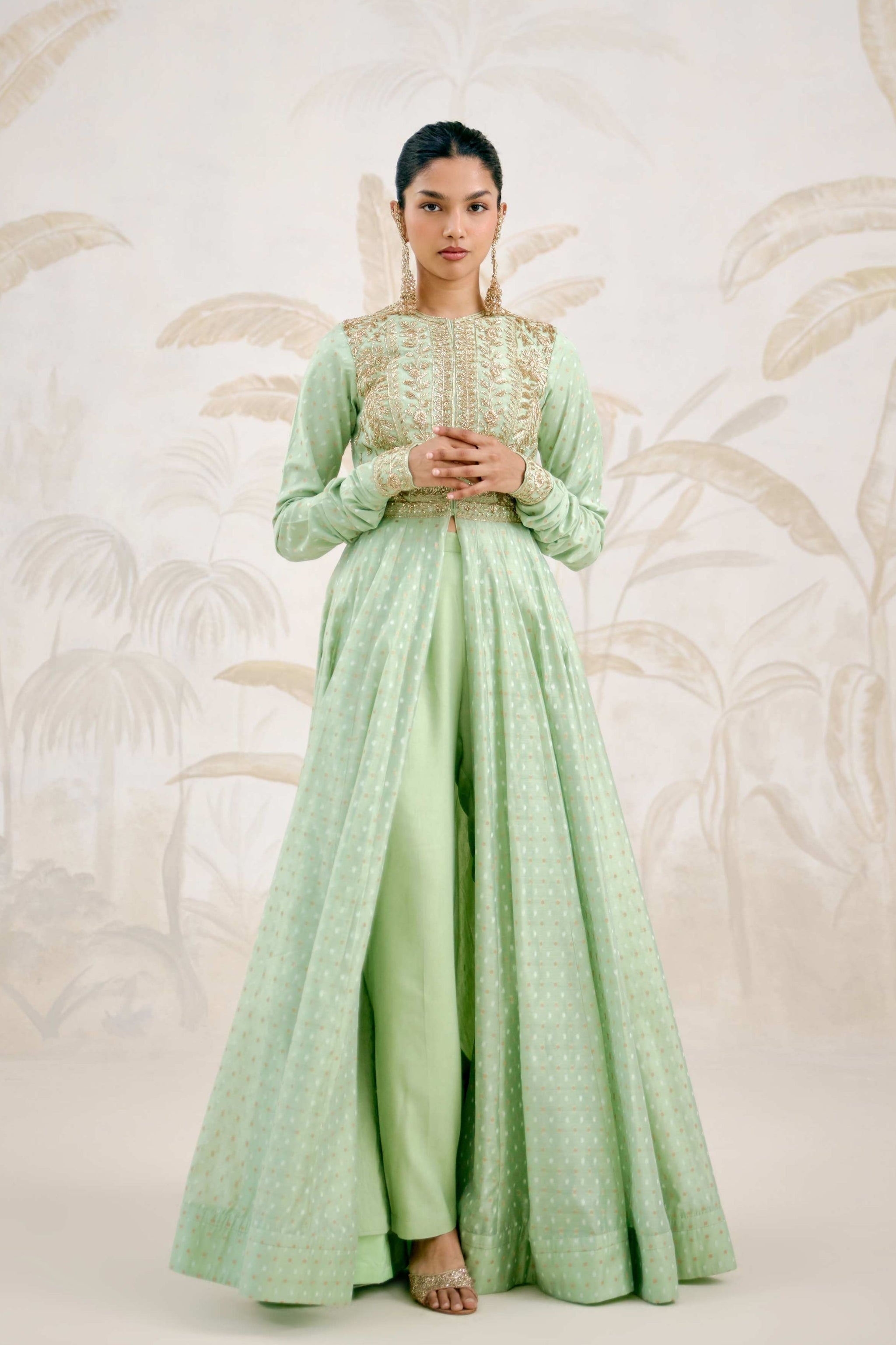 slim fit dress slacks Sea Green Muslin Printed Cape Style Anarkali Suit Set – Suti Rang main image 1