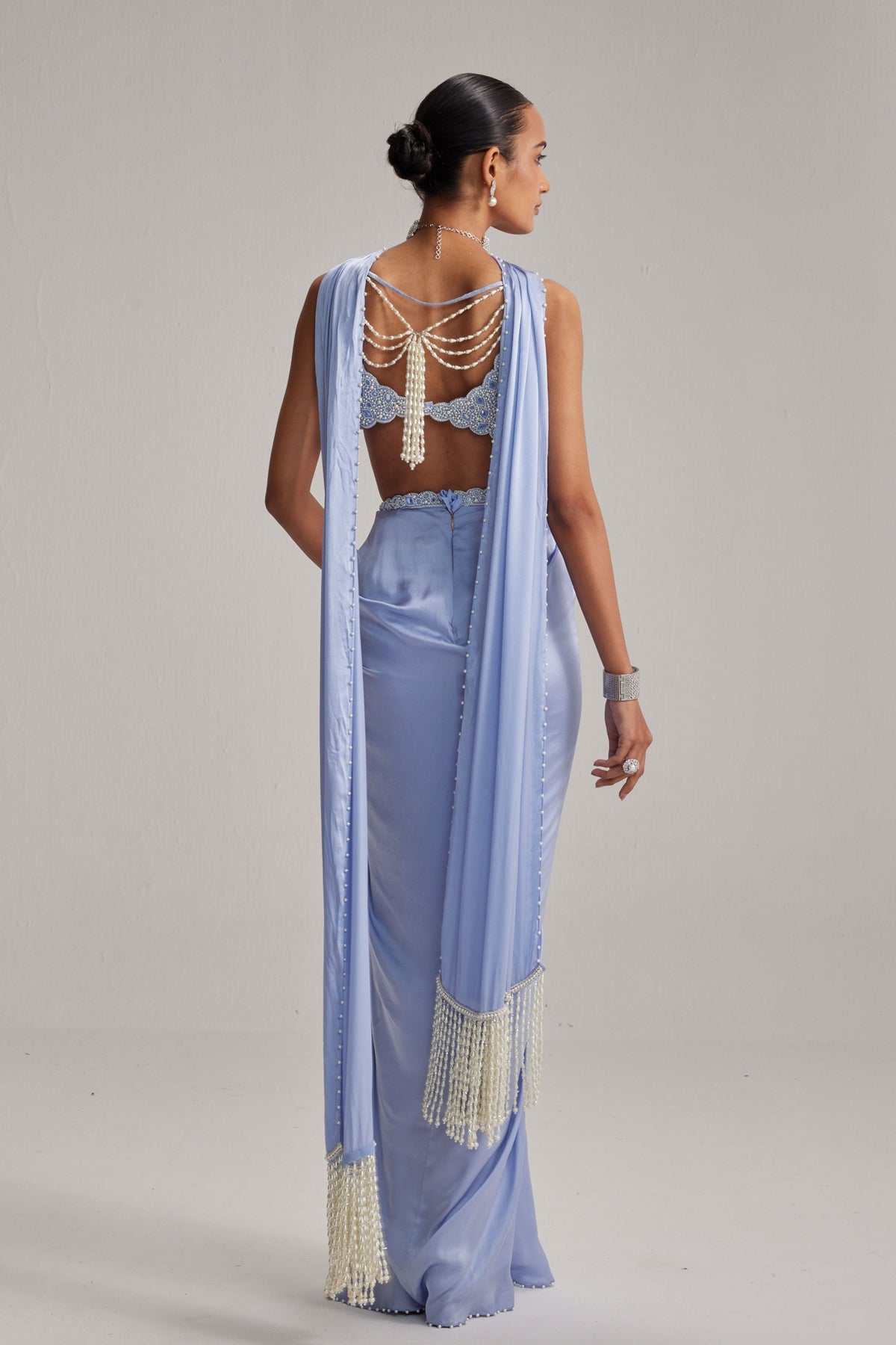 Dew Blue Satin Draped Skirt Set