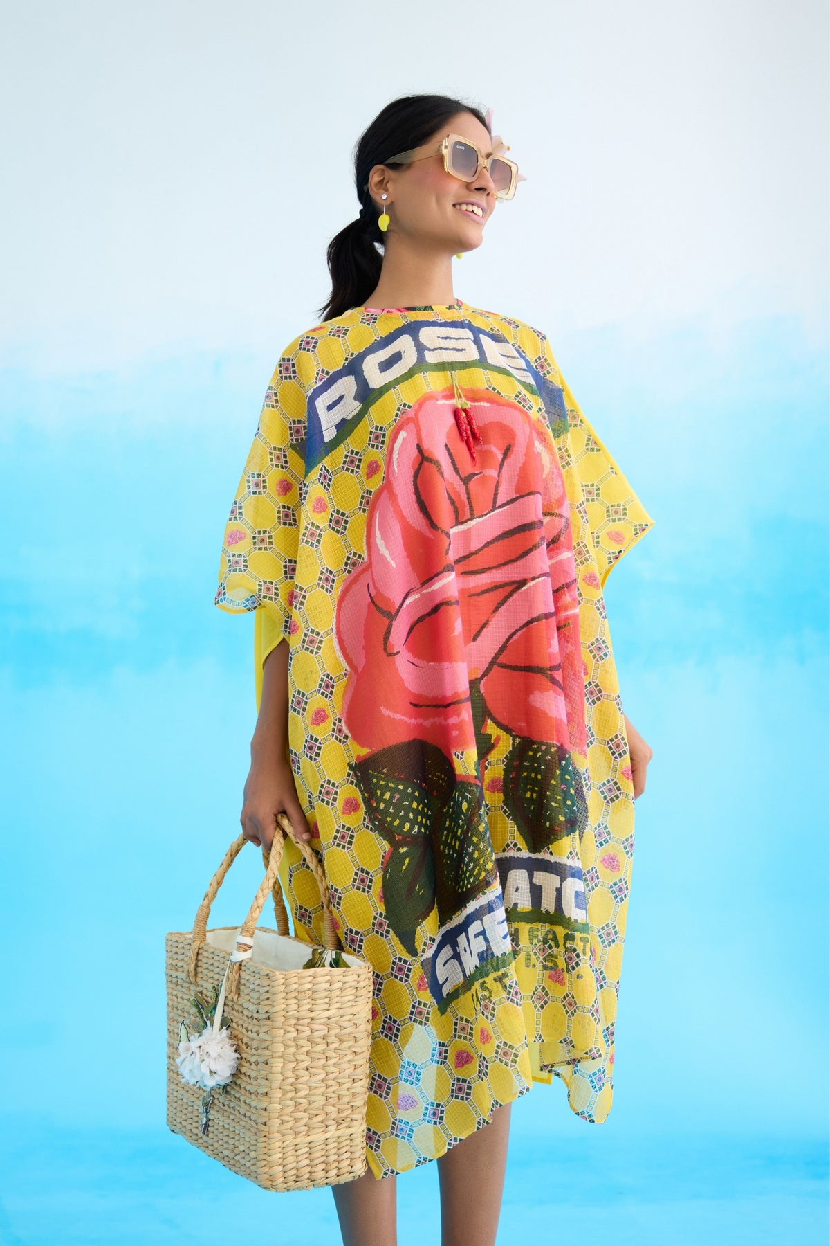 Yellow Big Rose Short Kaftan