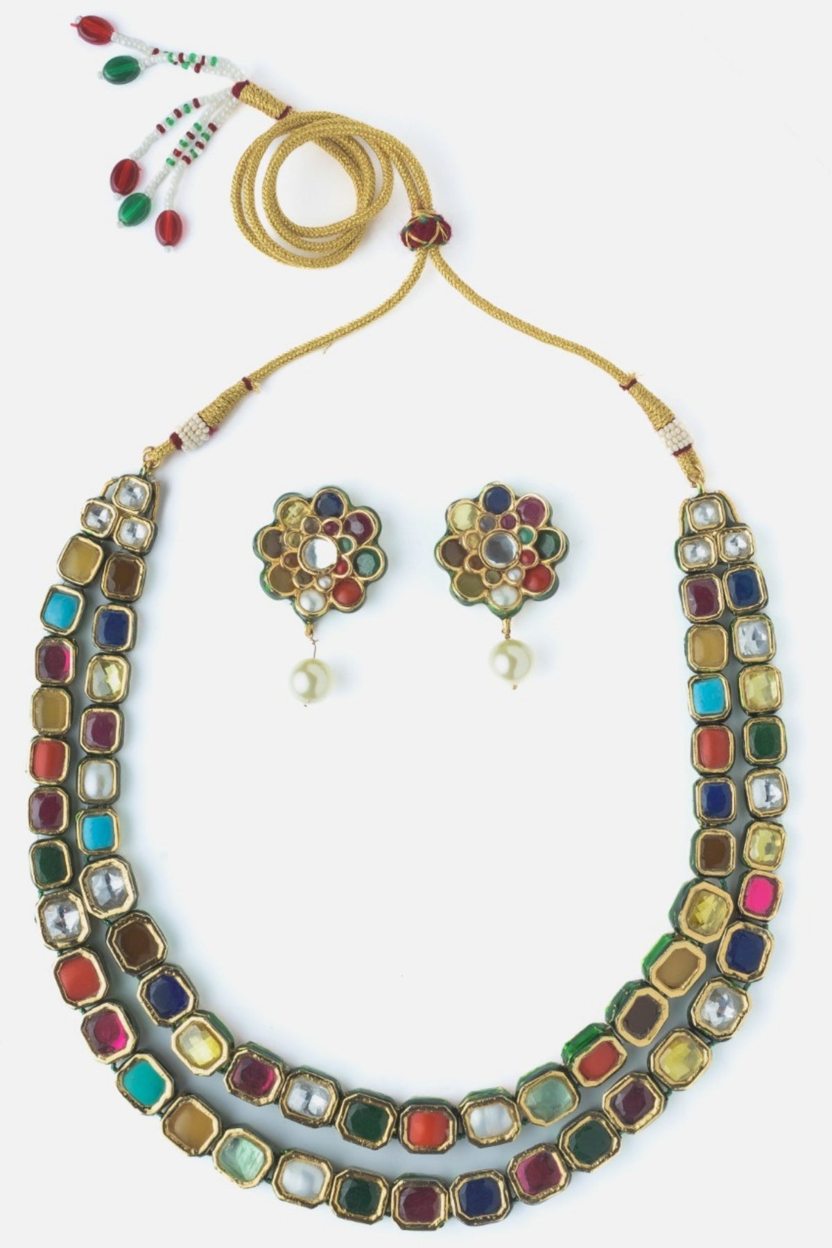 Gold Plated Multicolored Stones Short Necklace Set