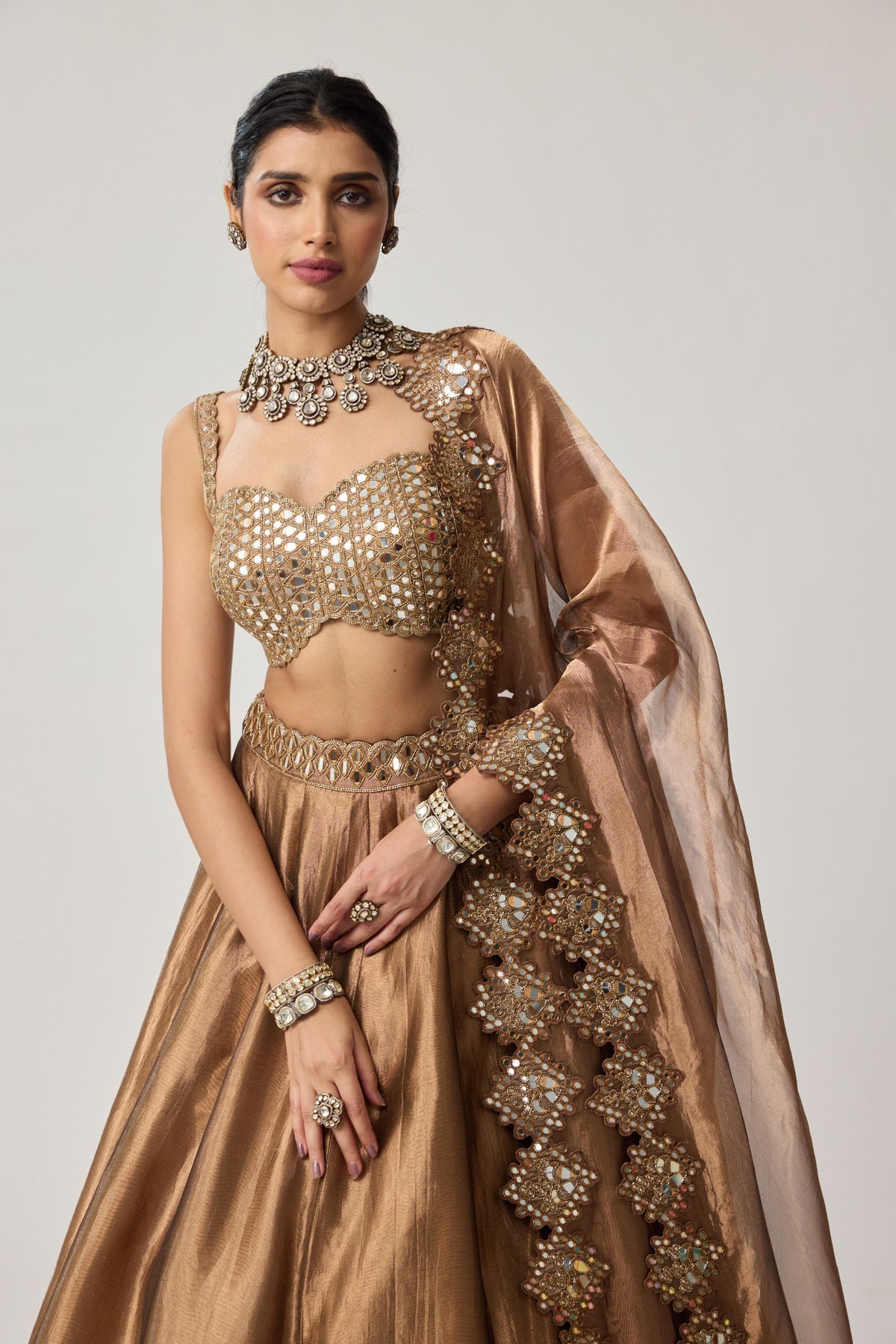 Copper Tissue Mirror Lehenga Set