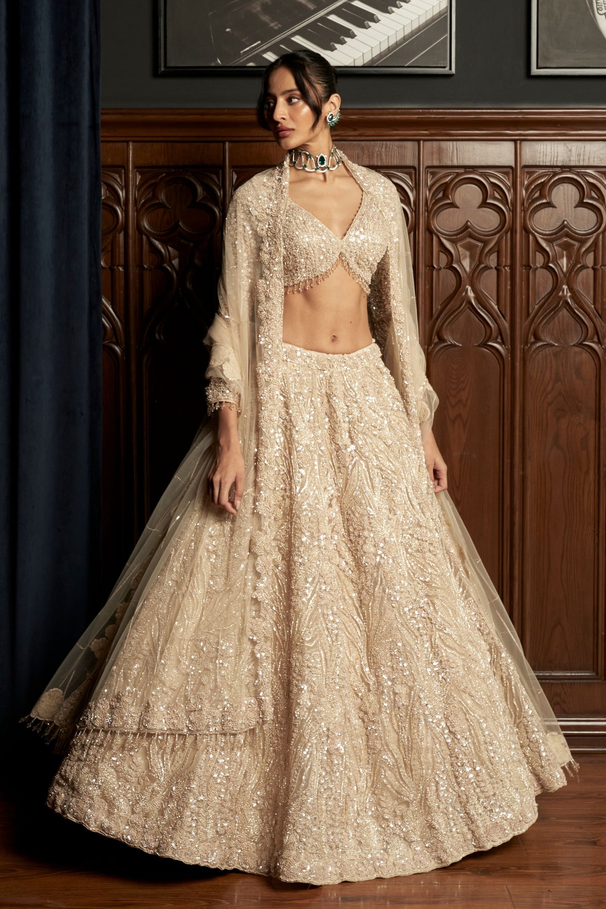 Beige Embroidered Lehenga Set