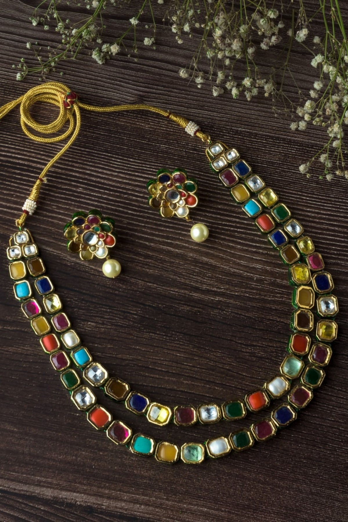 Gold Plated Multicolored Stones Short Necklace Set