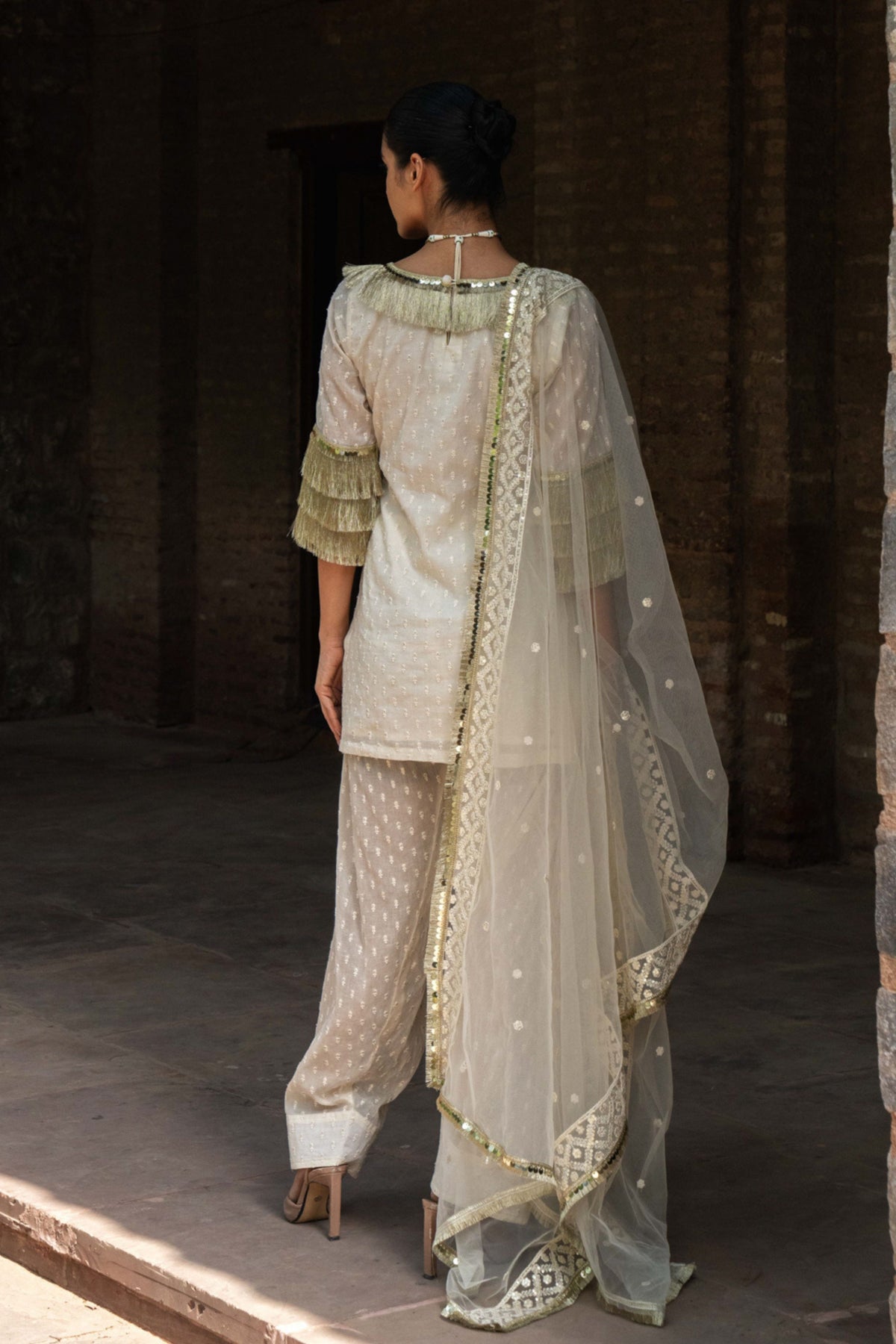Off White Fringe Sharara Set