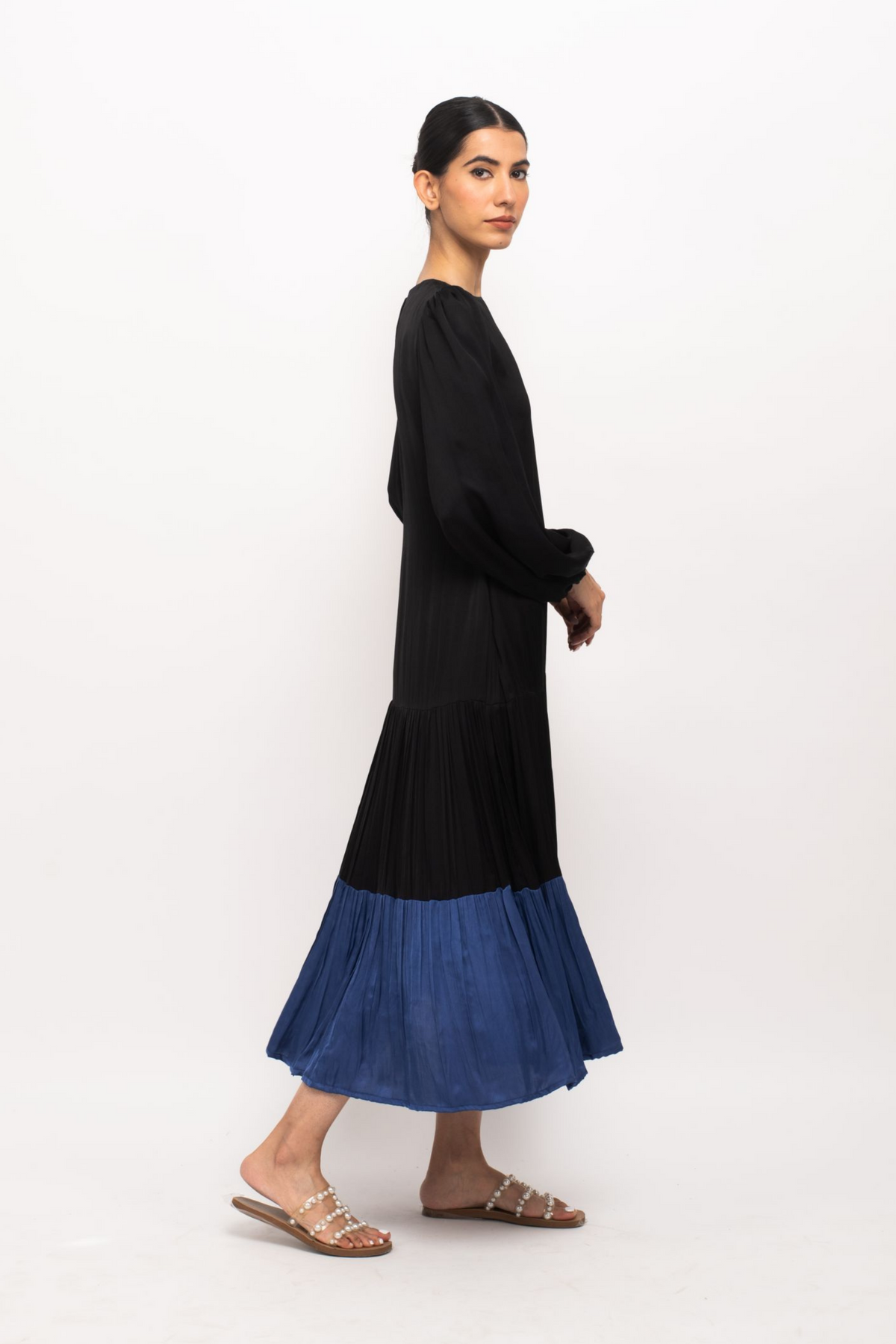 Black and Blue Gather Maxi Dress