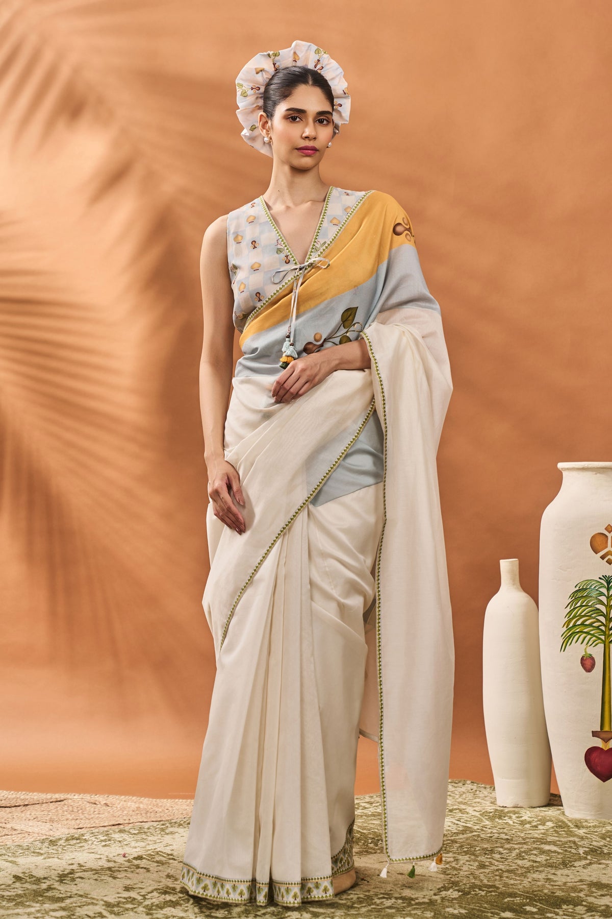Ivory Stripe Garden Grid Saree