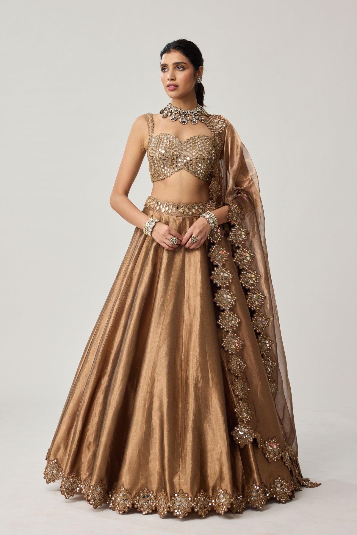 Copper Tissue Mirror Lehenga Set