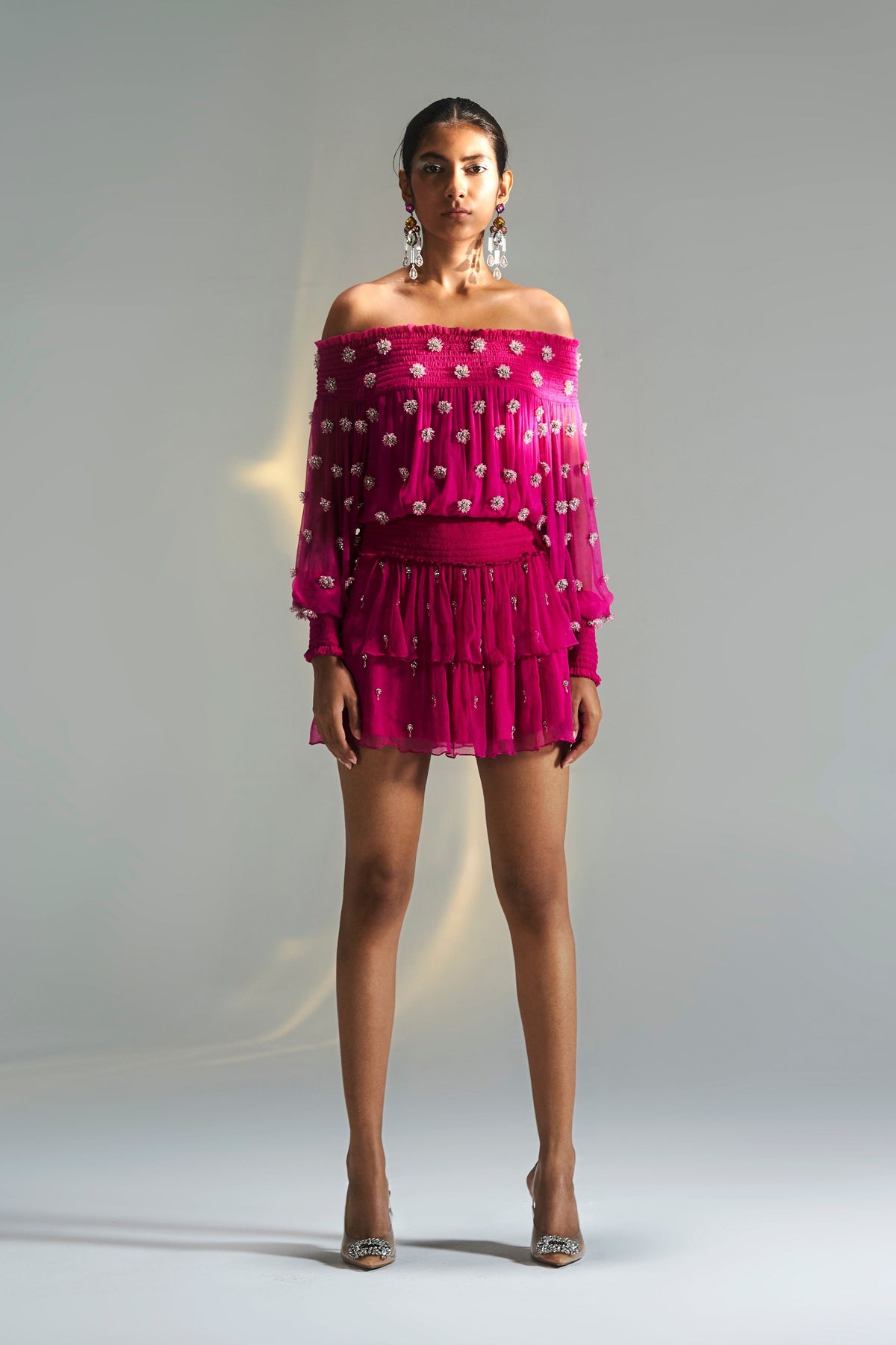 Pink Ruched Sleeves Dress