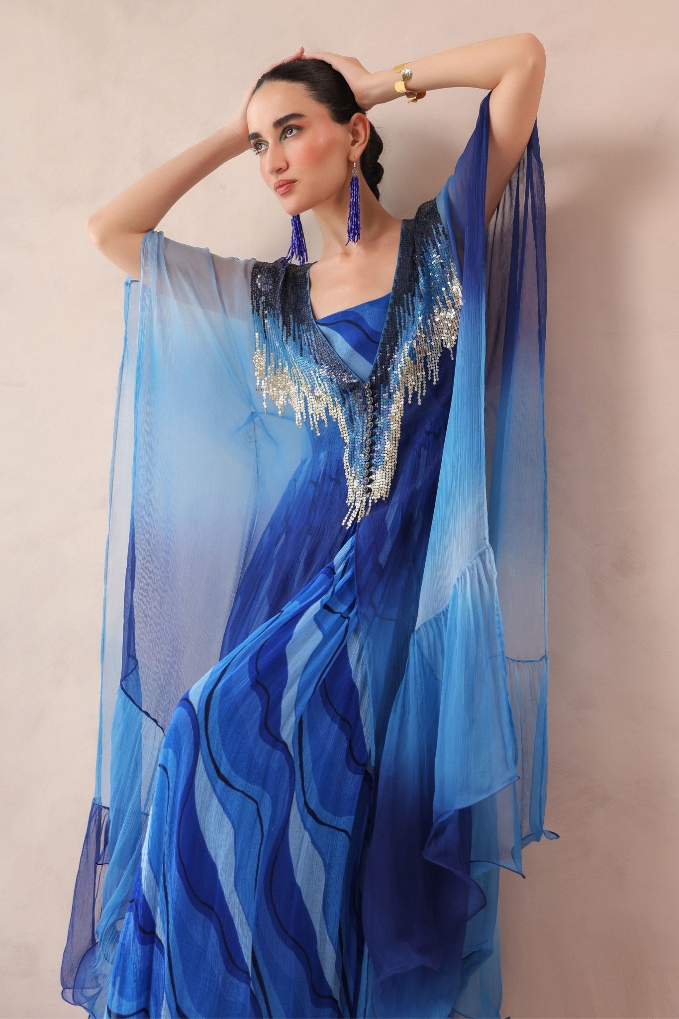 Amber Blue Bling Kaftan Set - Pallavi Jaipur - Elahe