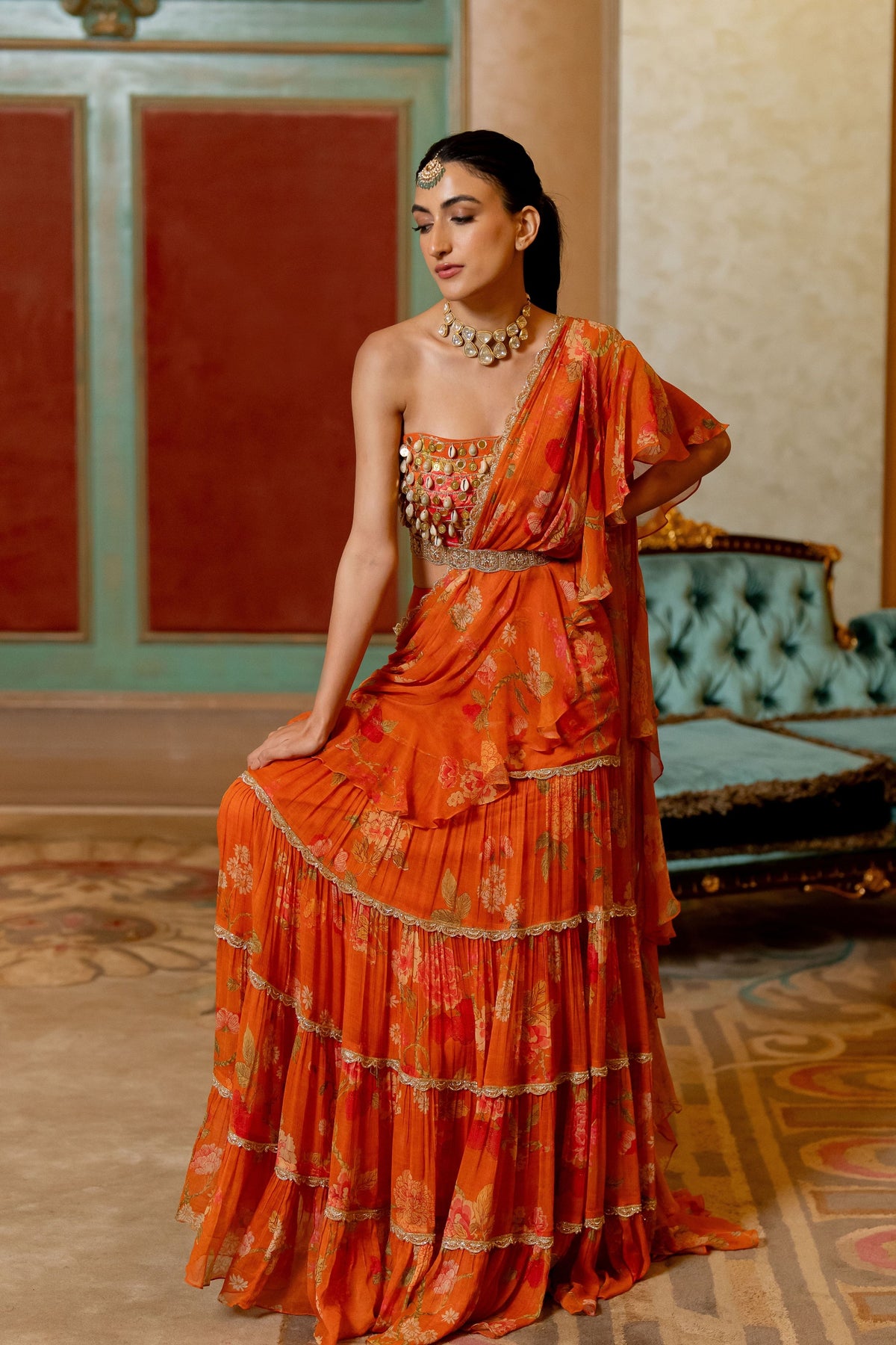 Rust Orange Floral Printed Chiffon Saree Set
