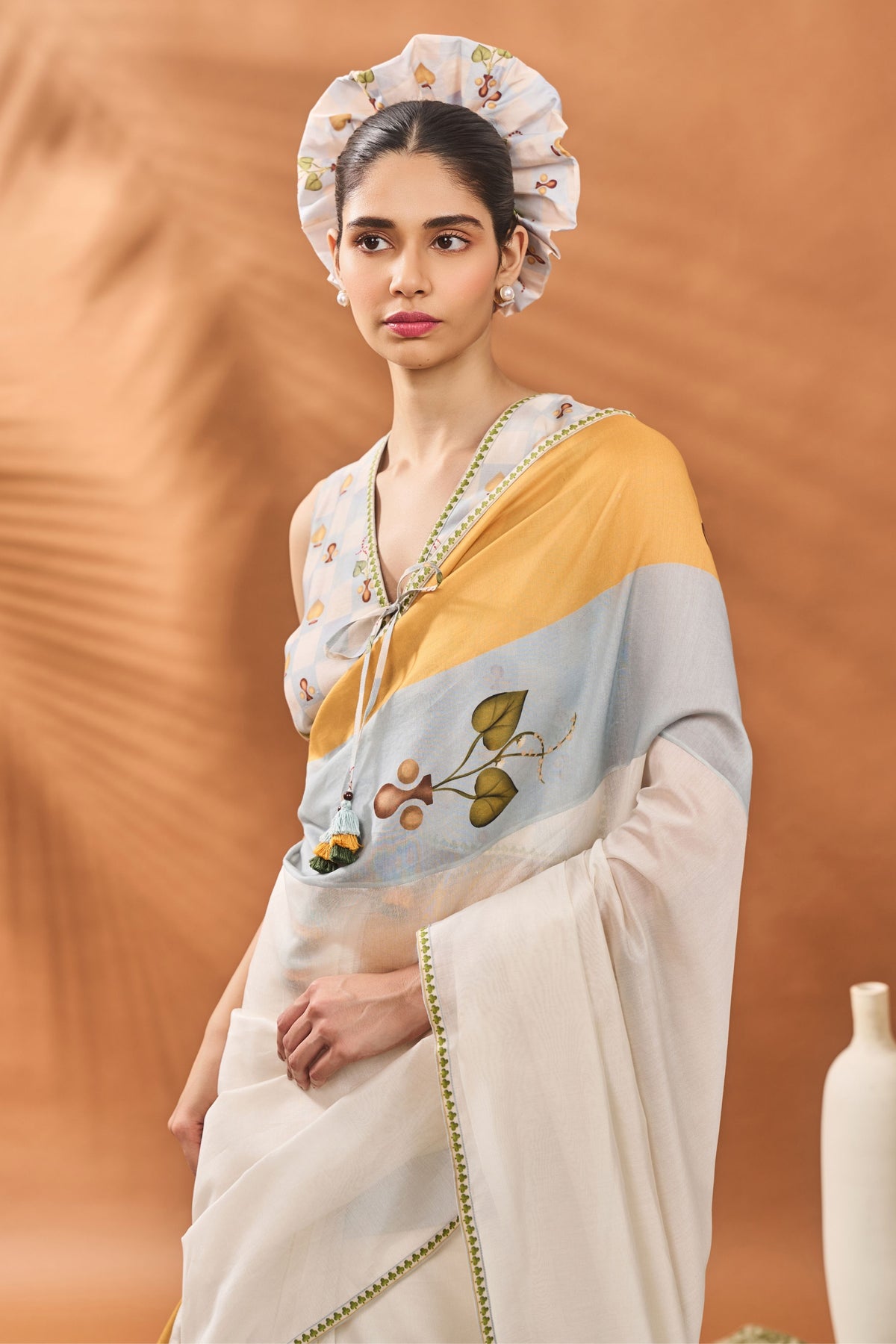 Ivory Stripe Garden Grid Saree