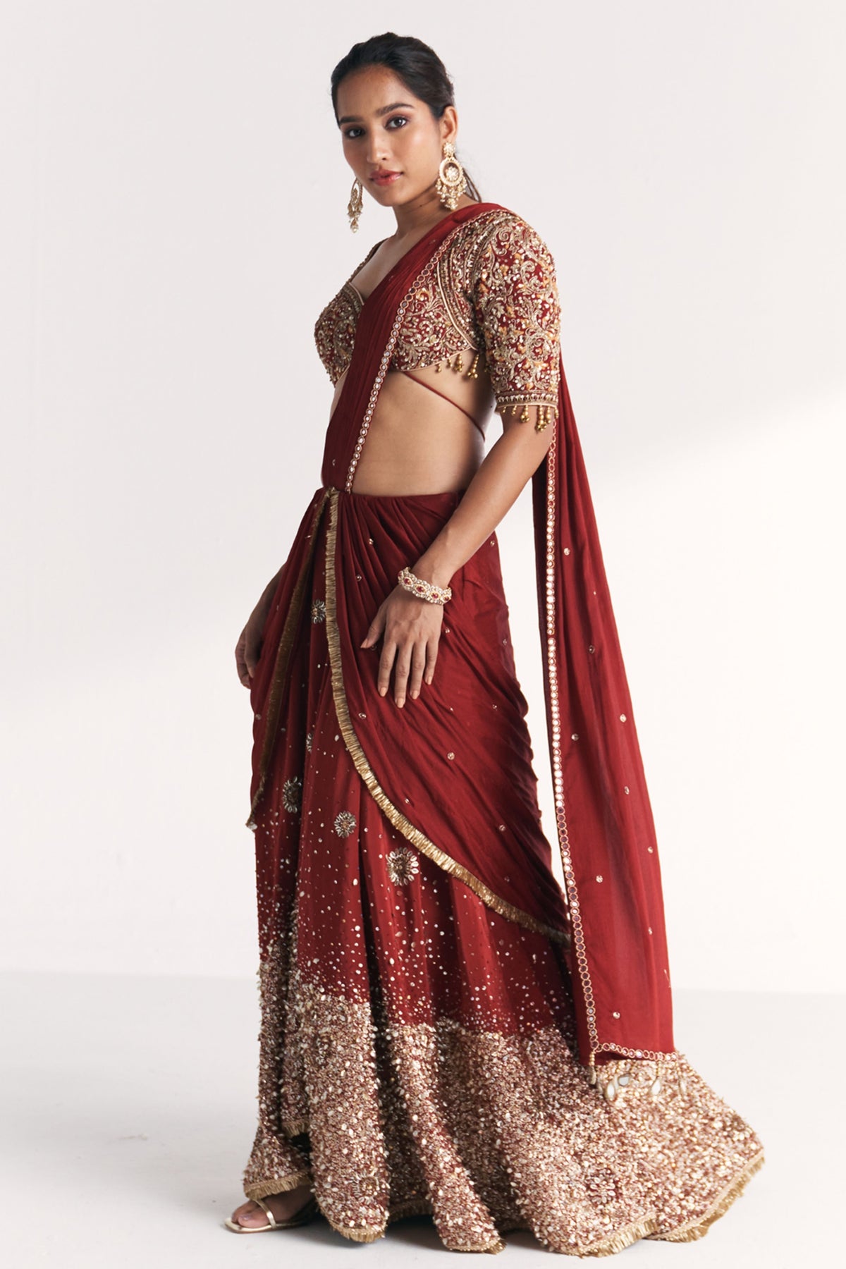 Naveli Maroon Pre-stitched Saree