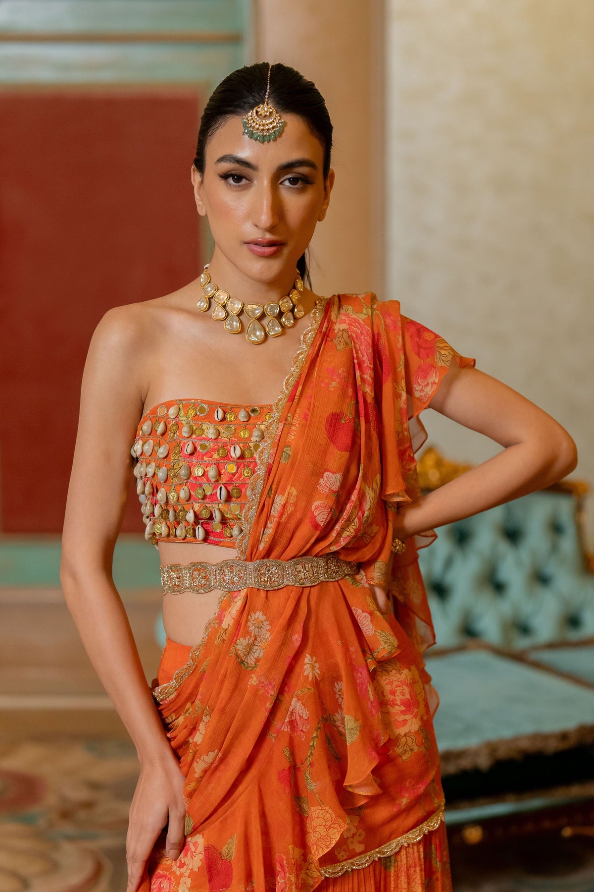 Rust Orange Floral Printed Chiffon Saree Set