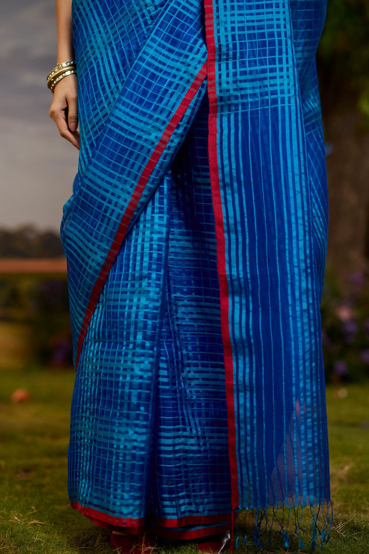 A Walkin Blue Checkered Saree