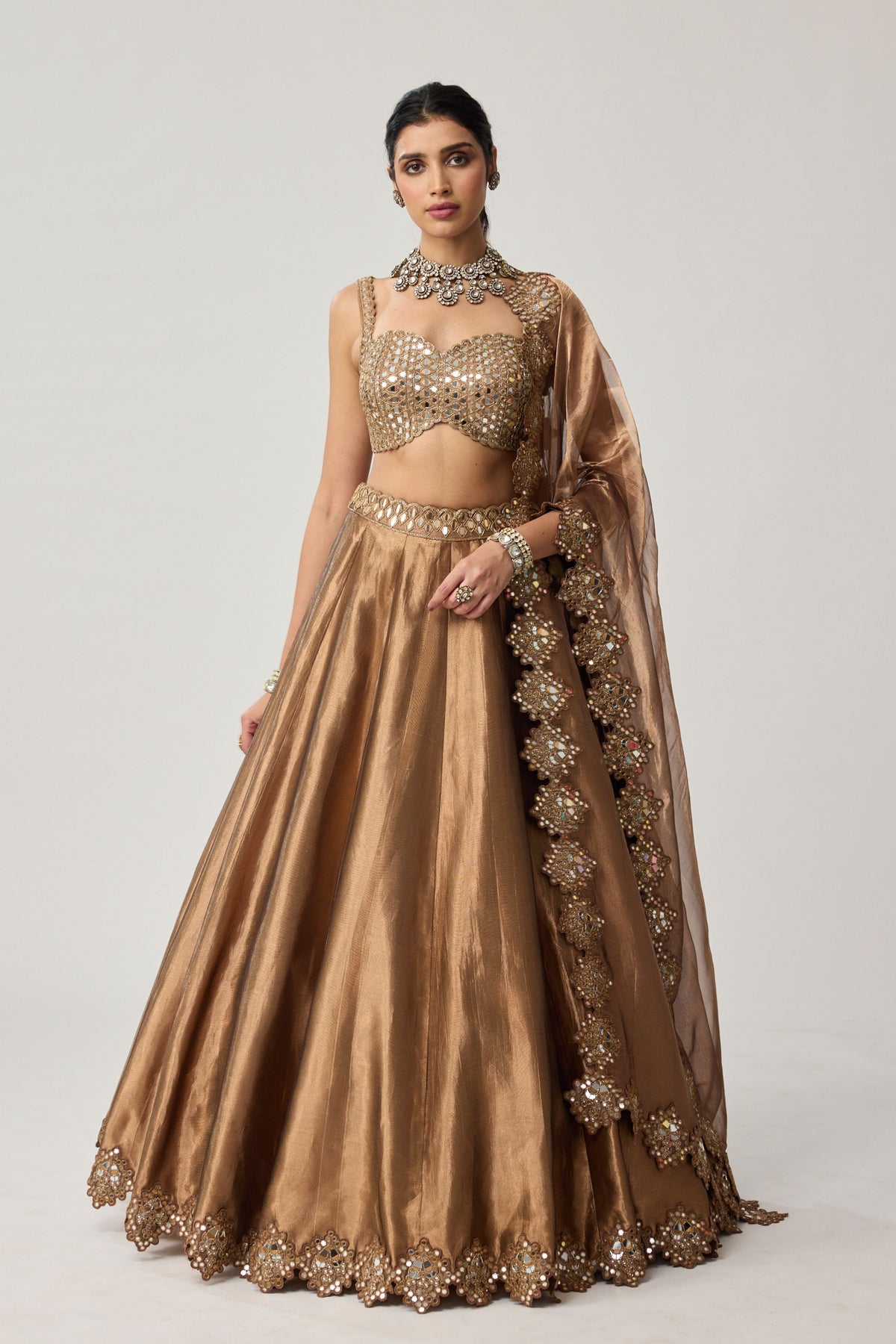 Copper Tissue Mirror Lehenga Set