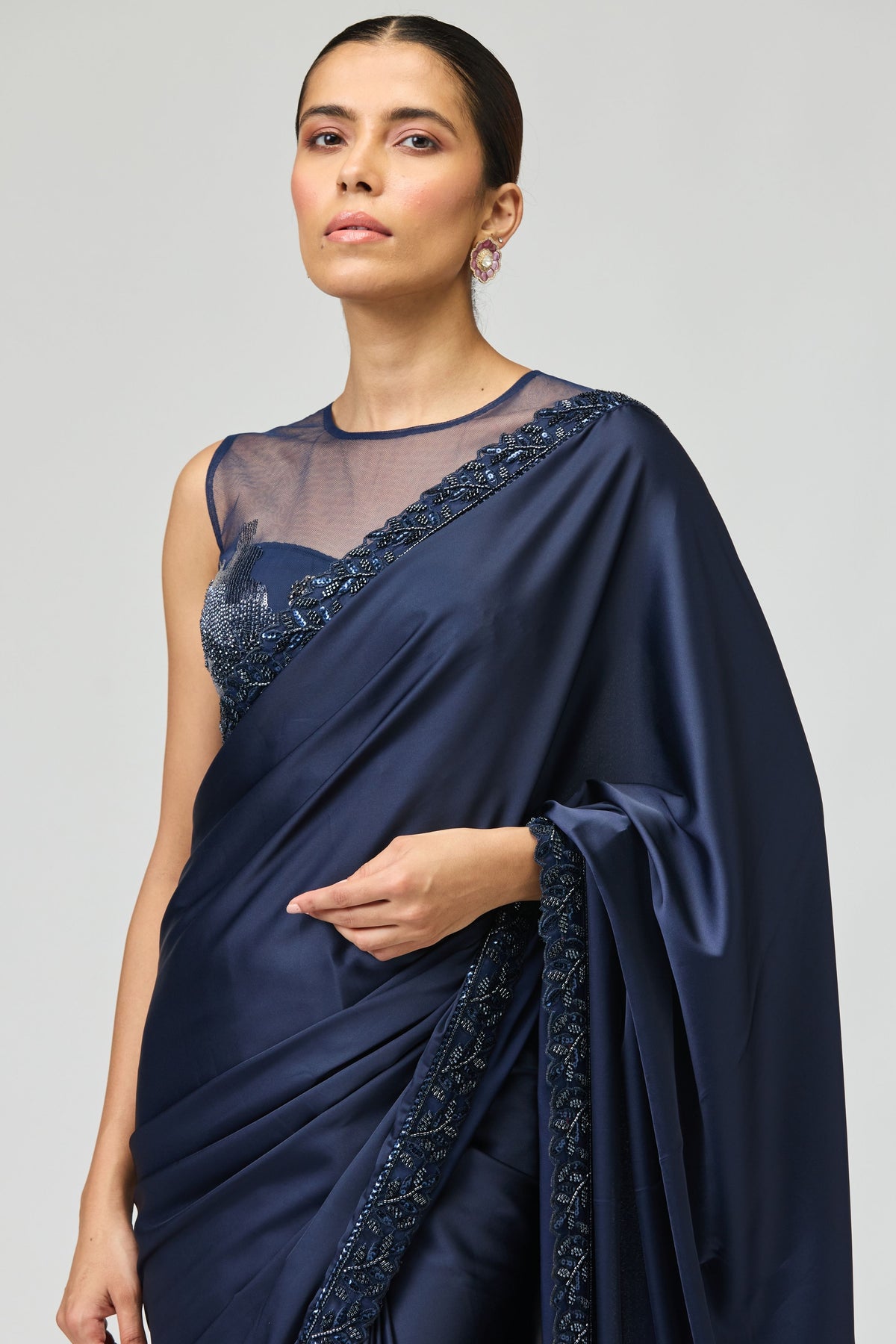 Navy Embellished Saree Set