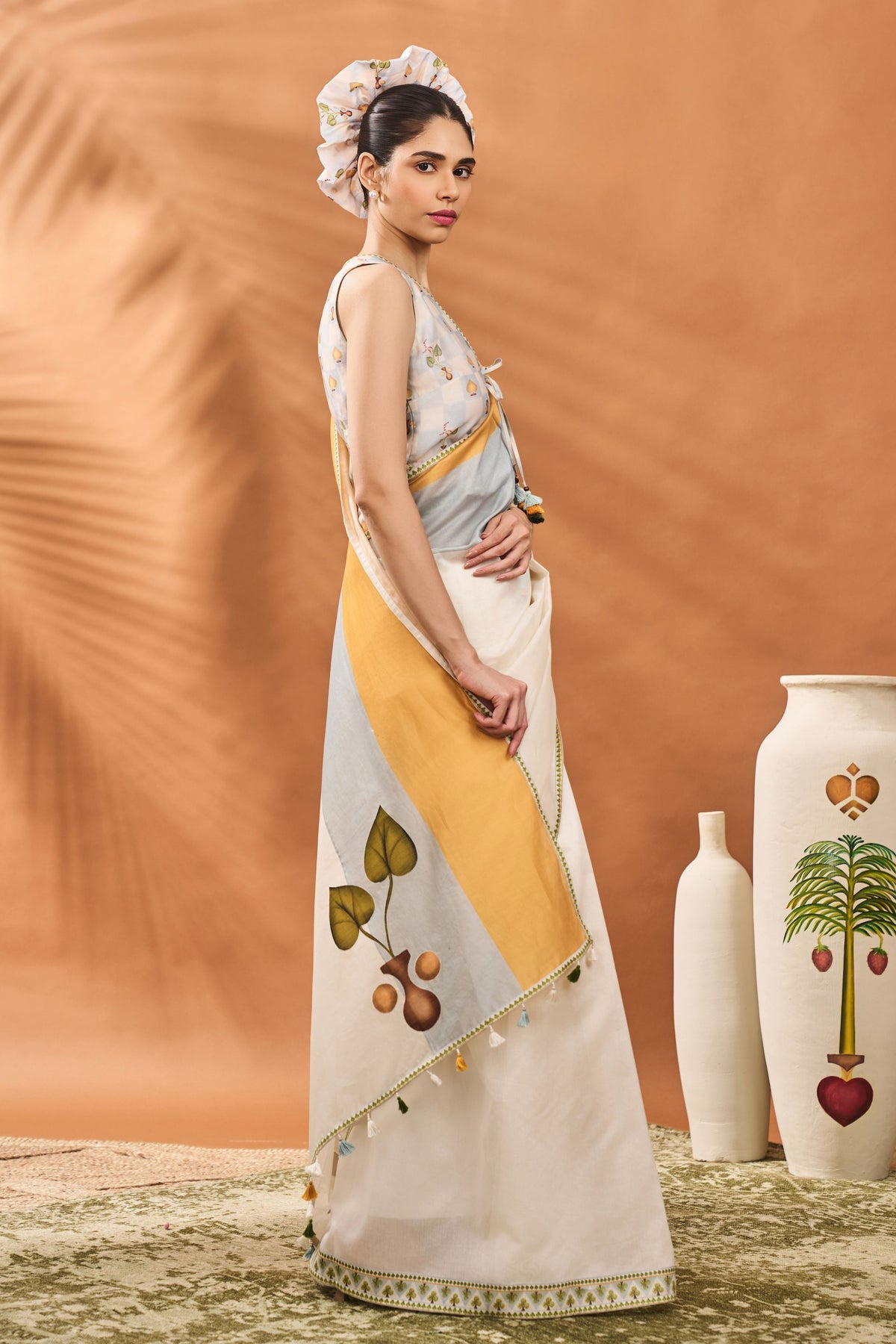 Ivory Stripe Garden Grid Saree