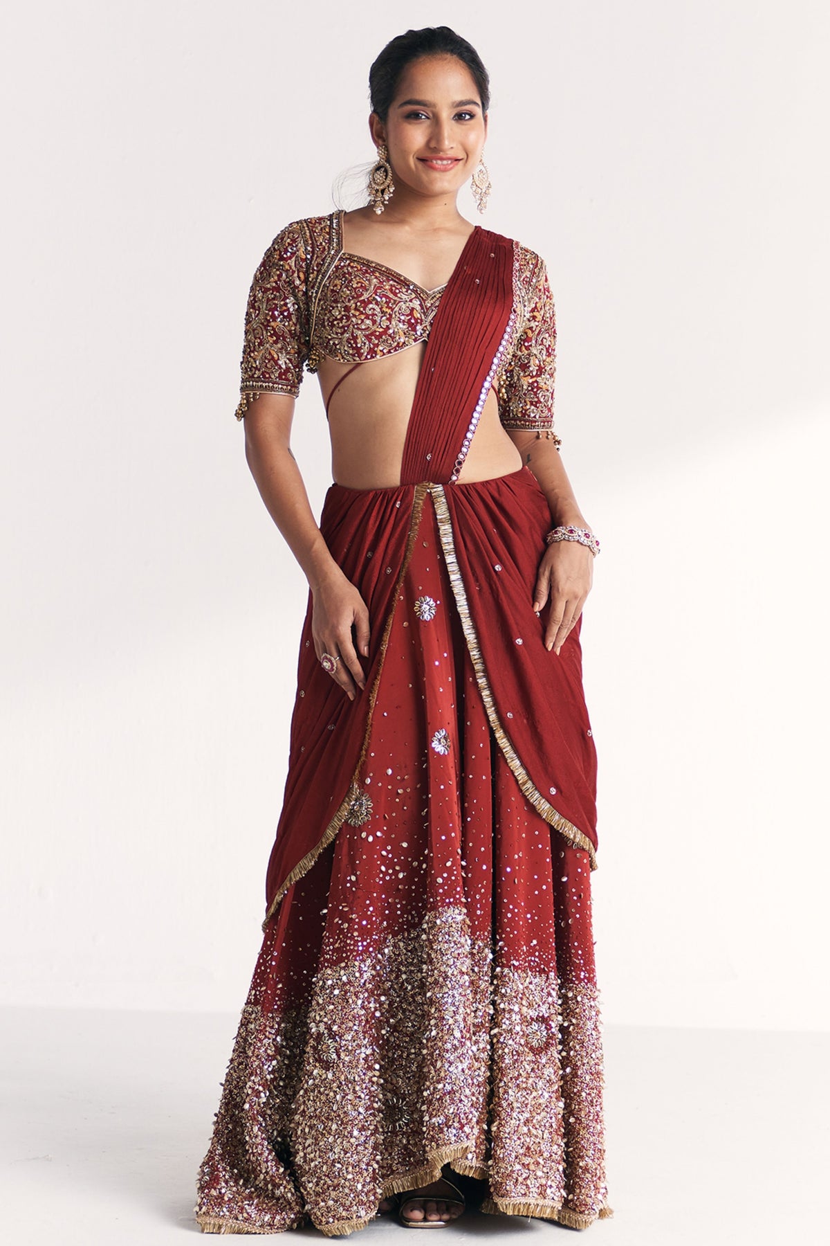 Naveli Maroon Pre-stitched Saree