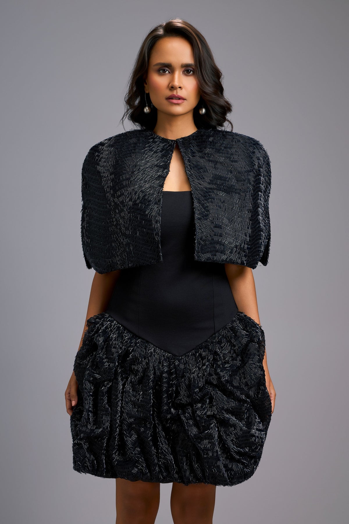 Shimmer Embroidered Black Cape Dress