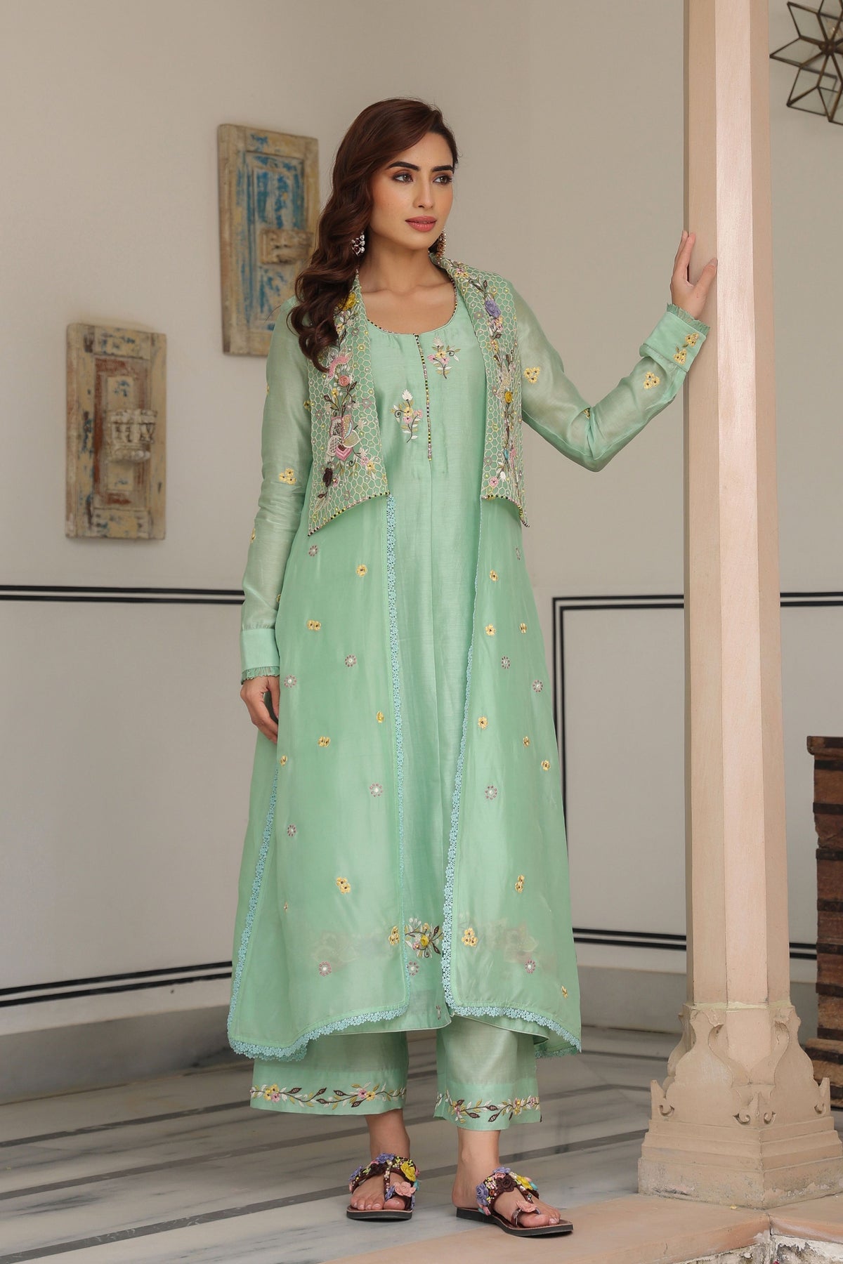 Gulzar Green Jacket Set