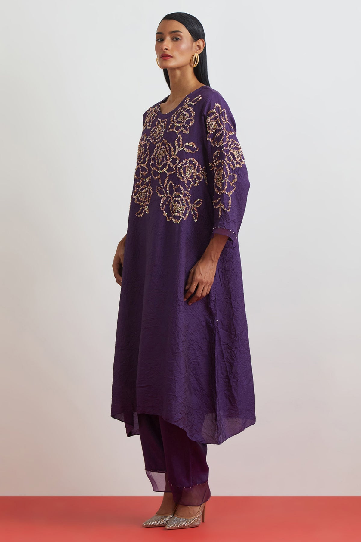 Violet Floral Encrusted Kurta Set