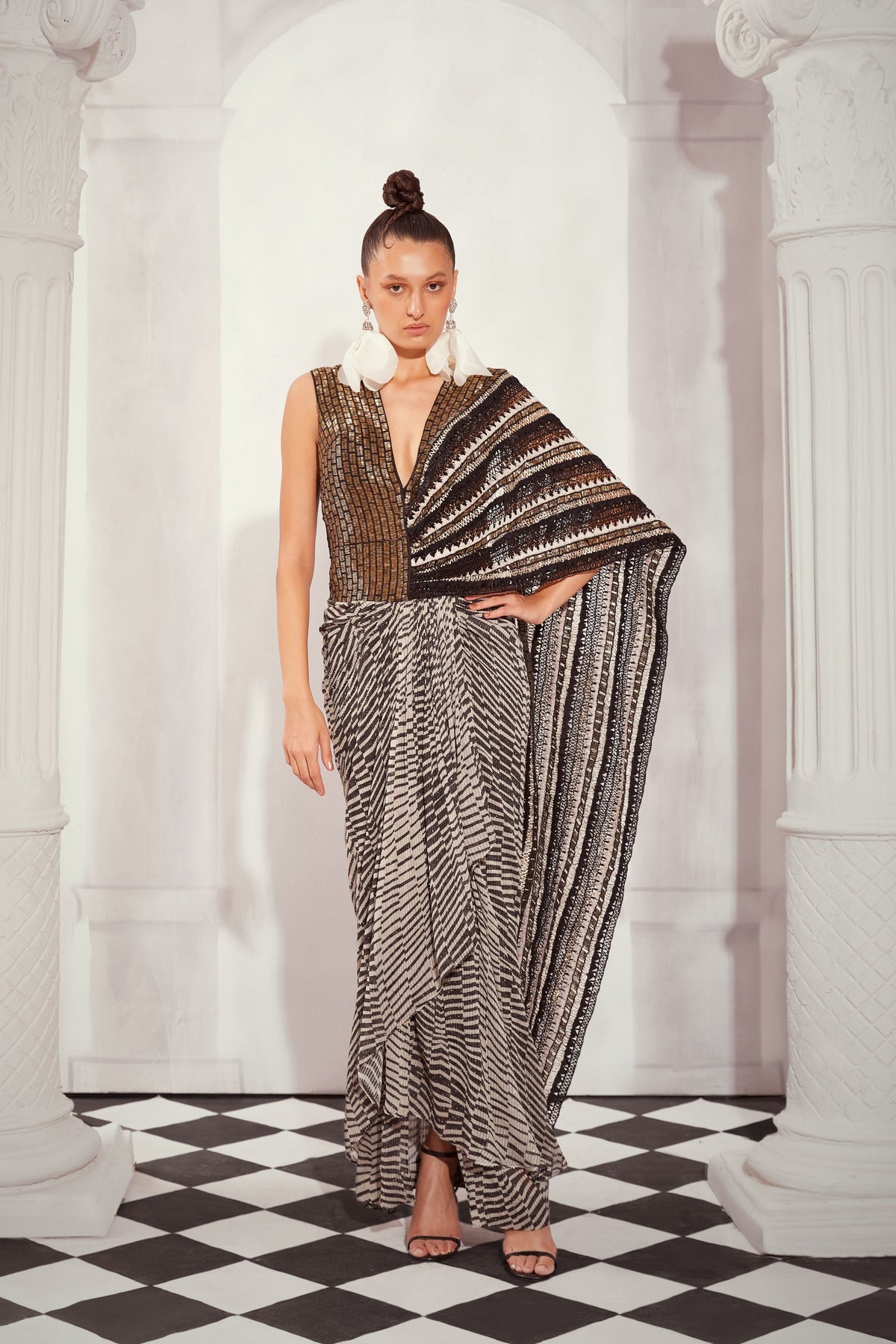 Black &amp; White Heavy Embellished Draped Saree