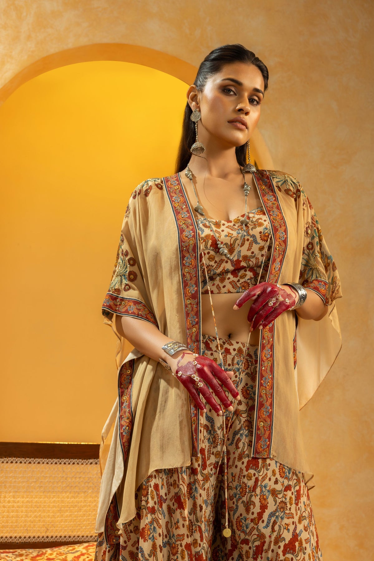Beige Embellished Cape Set