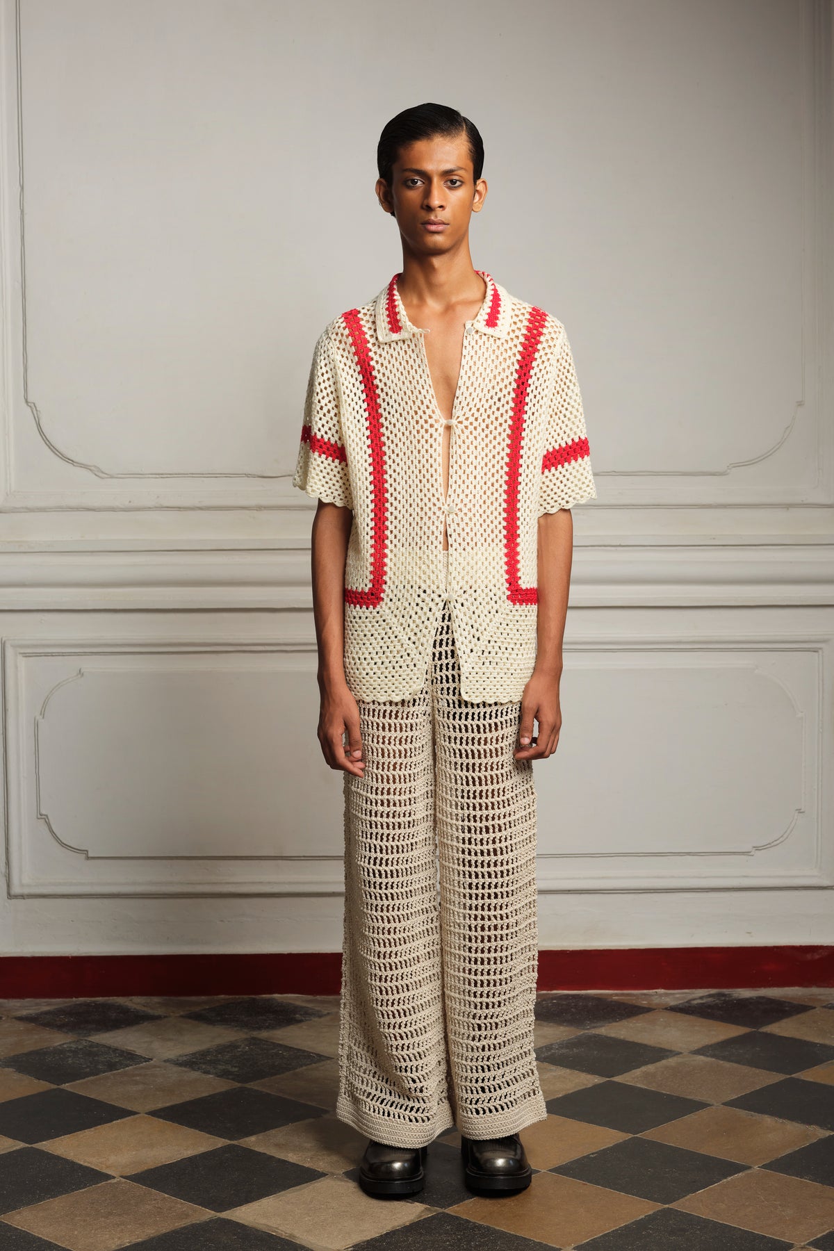 Shirt with crocheted trousers