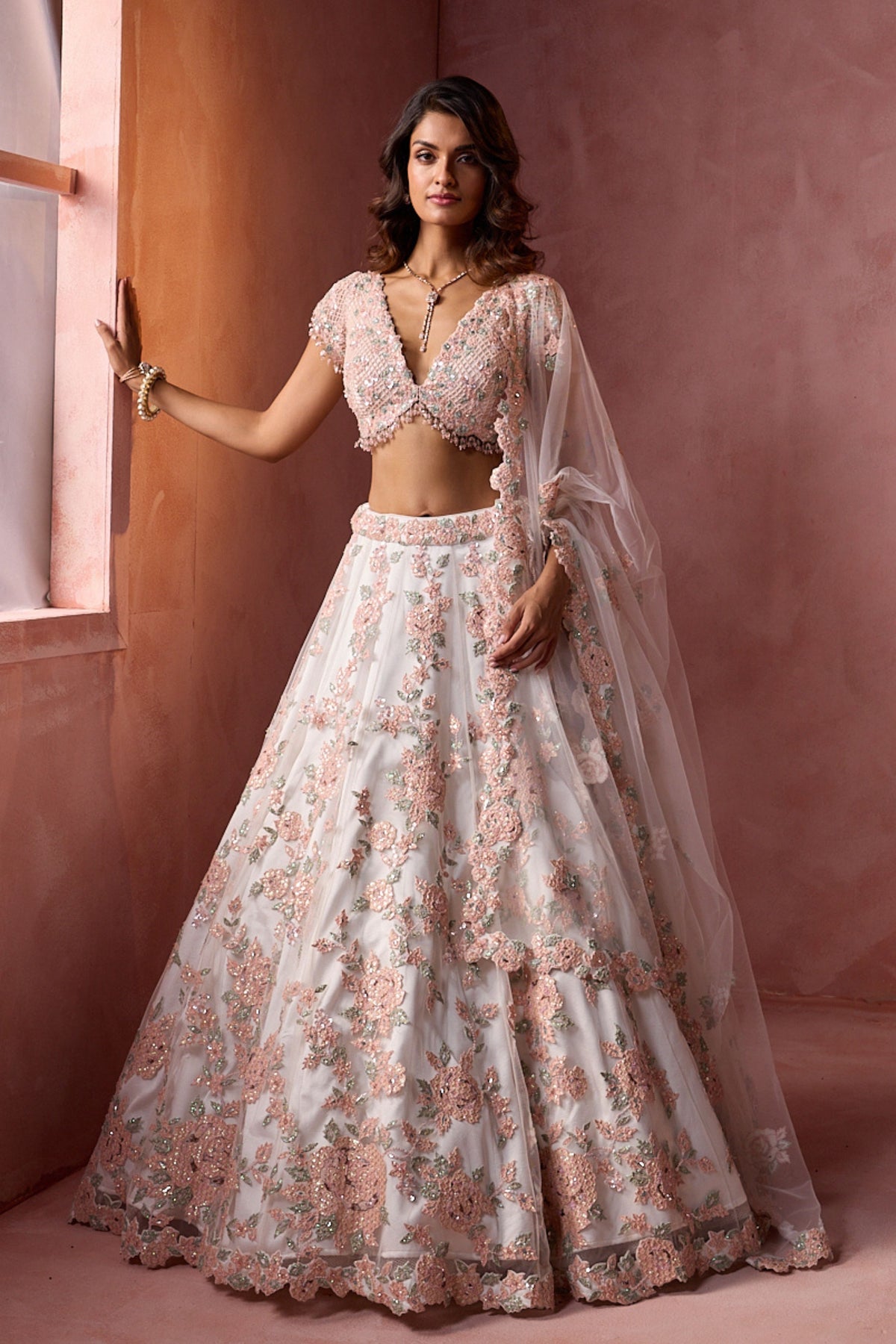 White Leather Applique Lehenga Set