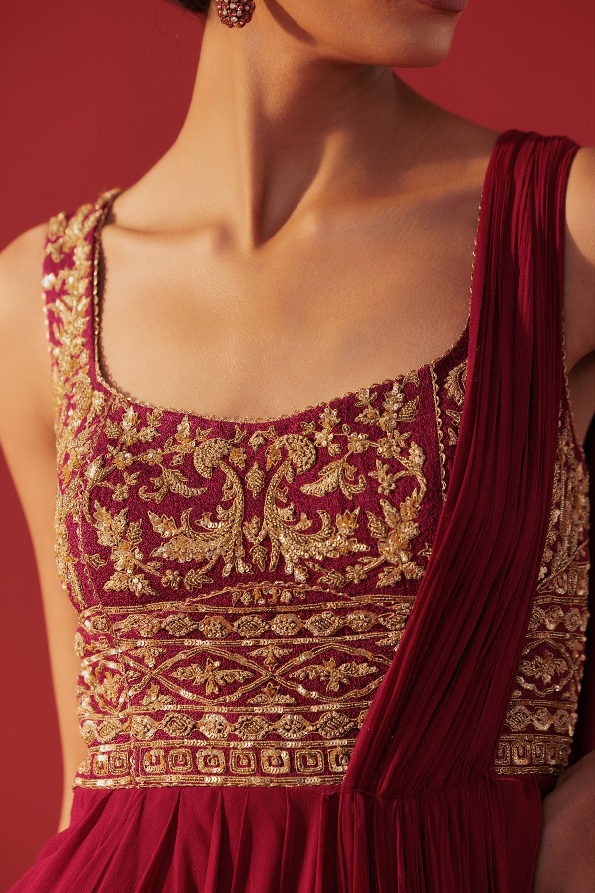 Magenta Draped Saree Set