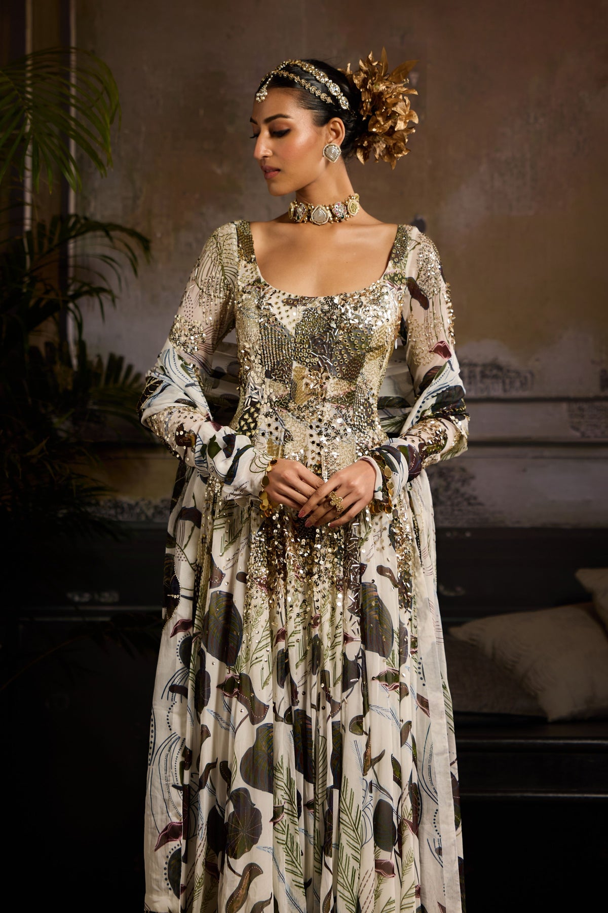 White and Green Anarkali Set